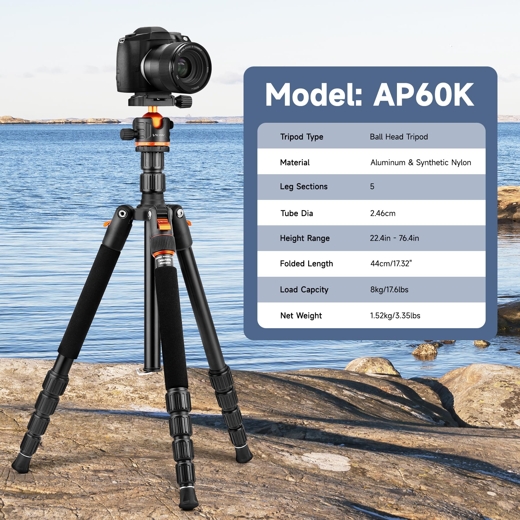 Victiv 76 Inch Camera Tripod Stand With 360° Panorama Ball Head, Universal Phone Holder, Portable Bag, Entry-Level Lightweight Travel Compact Tripod, Compatible With Canon Sony Cameras Dslr Gopros