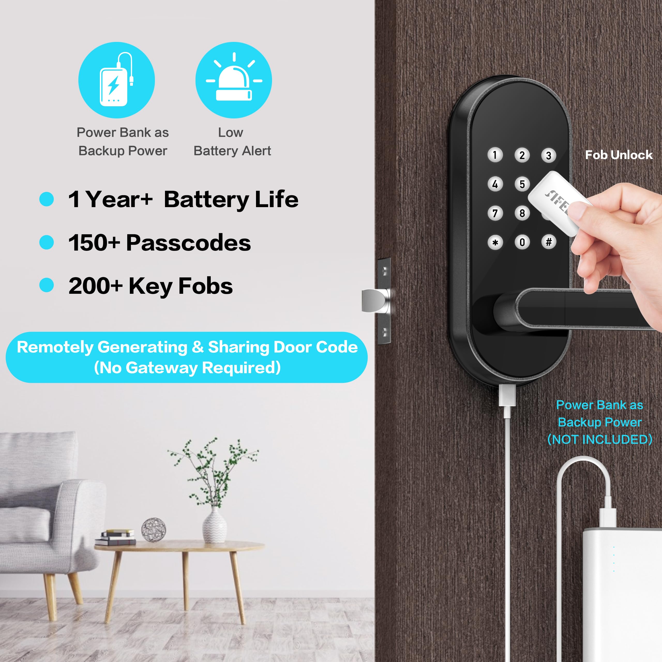 Sifely Keyless-Entry Keypad Electronic Door Lock: Digital Smart Lock With Code Passcode, Electric Door Knob/Handle, Perfect For Entry Doors, Bedroom Doors (Black, App Control, Non-Fingerprint)