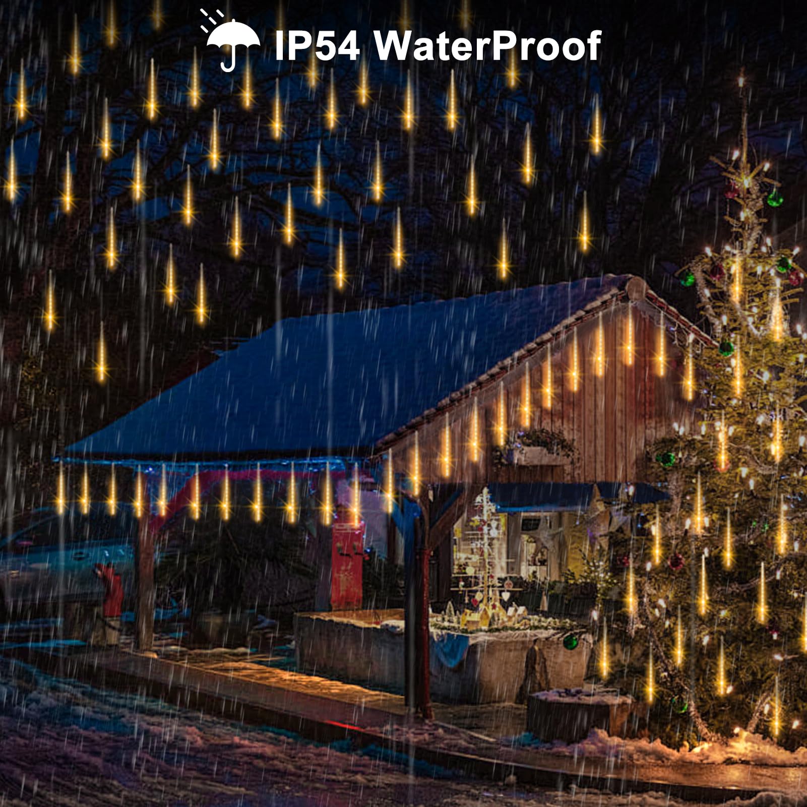 Lumbelle Christmas Meteor Shower Lights Battery Powered, Waterproof 192 Led Icicle Snow Falling Lights With Remote Timer Raindrop Light For Tree Yard Patio Christmas Party Outdoor Decor(Warm White)