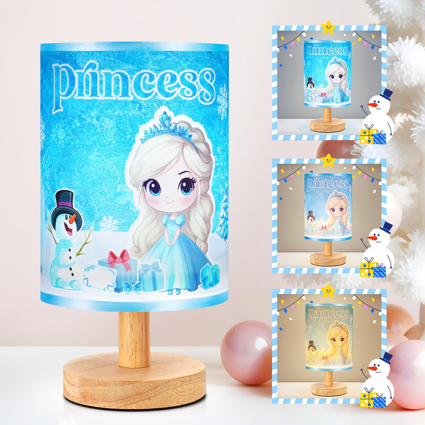 Nuunuy Kids Table Lamp For Girls Room Decor, Wooden Base Round Princess Cartoon Lampshade, Birthday & Christmas For Girls