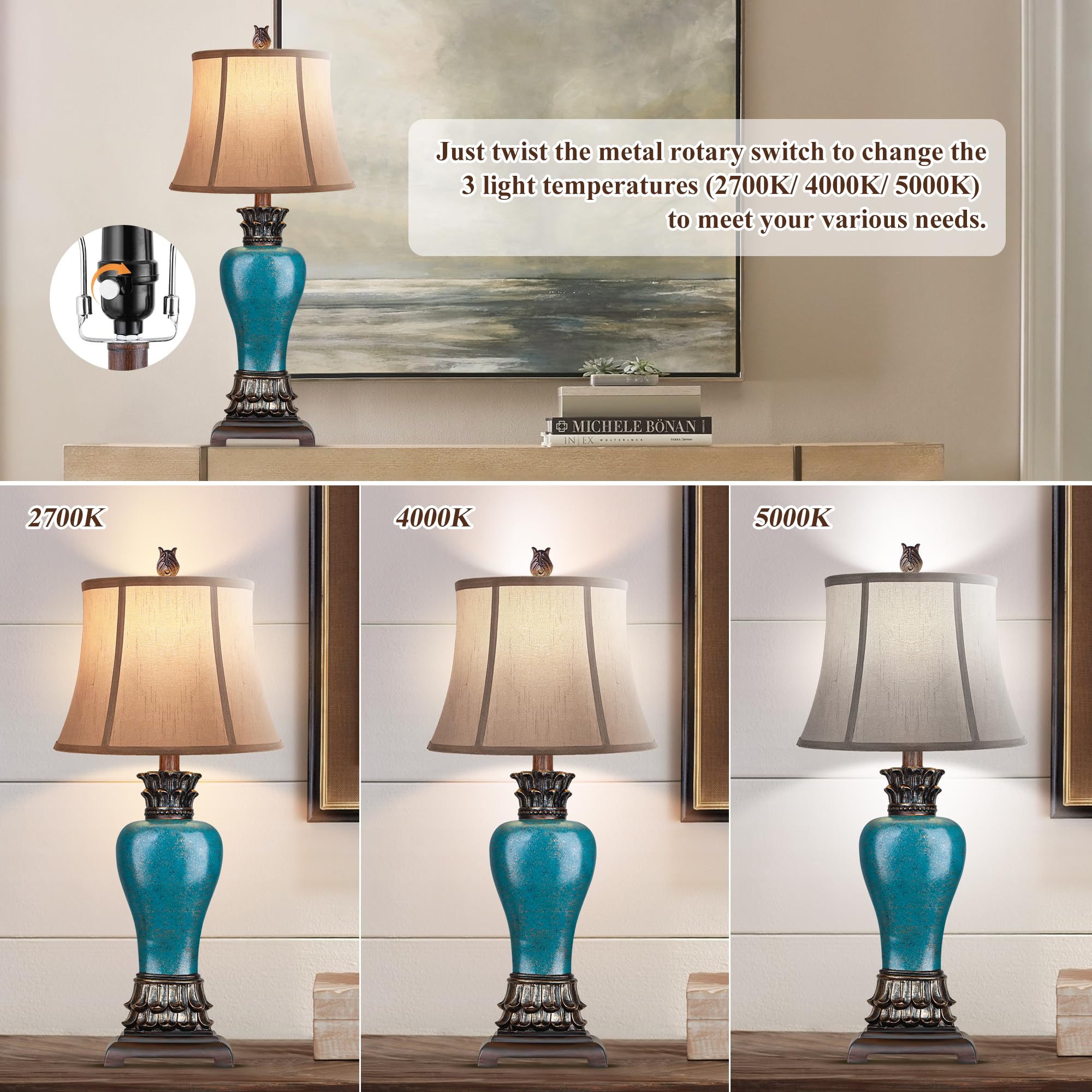 Hamucd 29" Set Of 2 Farmhouse Rustic Table Lamps For Living Room,3-Color Temperature Dimmable Blue Southwest Bedroom Lamps For Night Stands Traditional Antique Decor