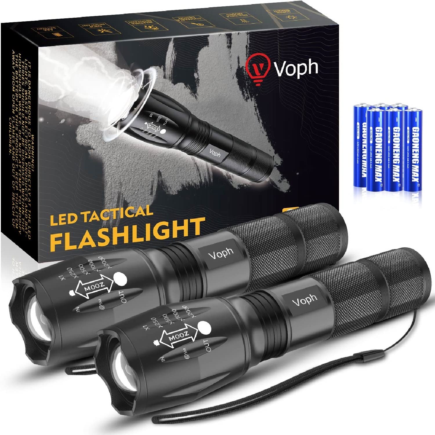 Voph Flashlight 2 Pack, 5 Modes 2000 Lumen Tactical Led Flash Light, High Lumens Bright Waterproof Flashlights, Focus Zoomable Flash Lights For Camping,  For Birthday For Men Women Adult