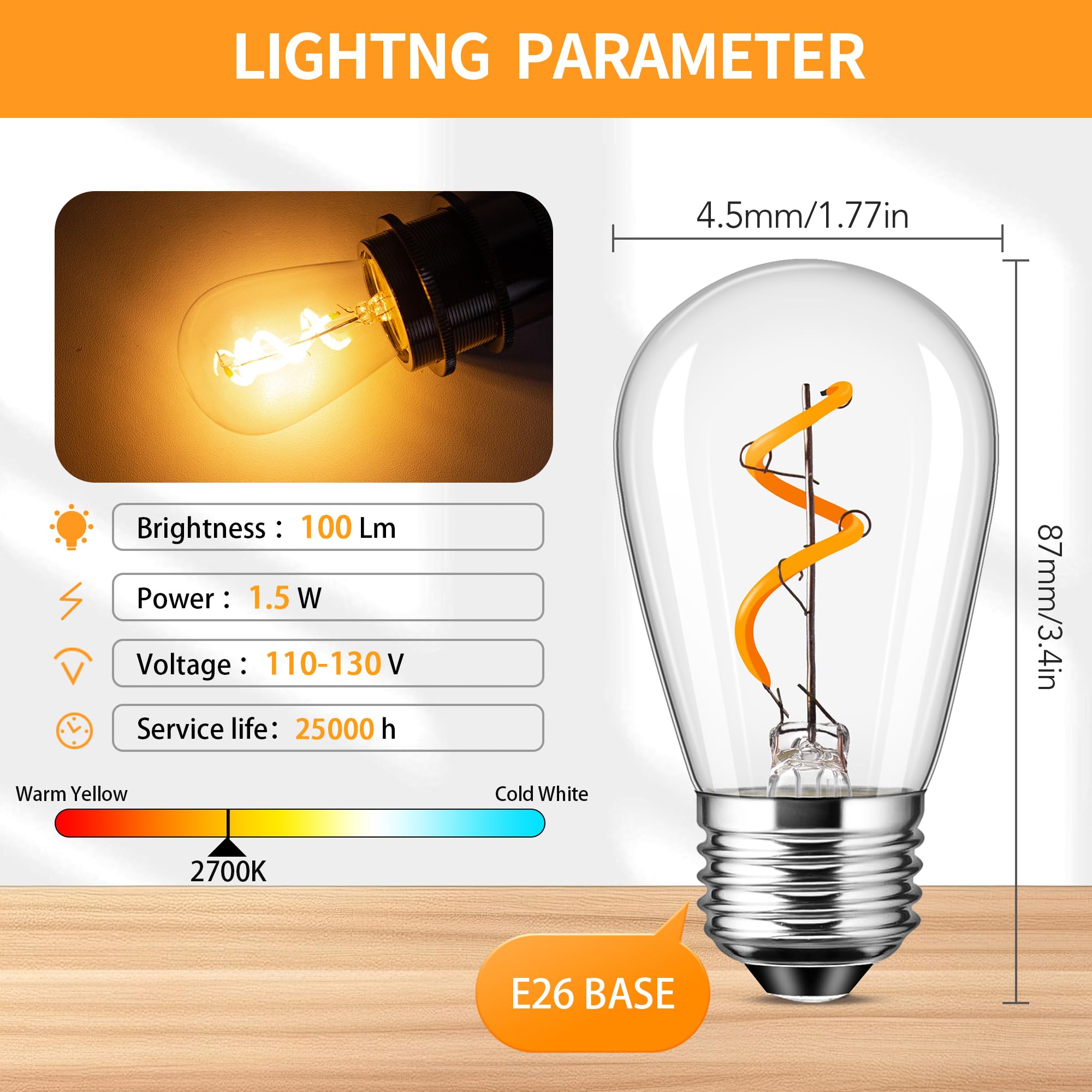 Sphoon S14 Led Bulbs Low Wattage 1.5W Night Light Bulbs Edison Spiral Filament Decorative For Garden Patio Outdoor String Light,100Lm,15W-20W Equivalent,Clear Glass,Non-Dimmable,E26 Base,2 Pack