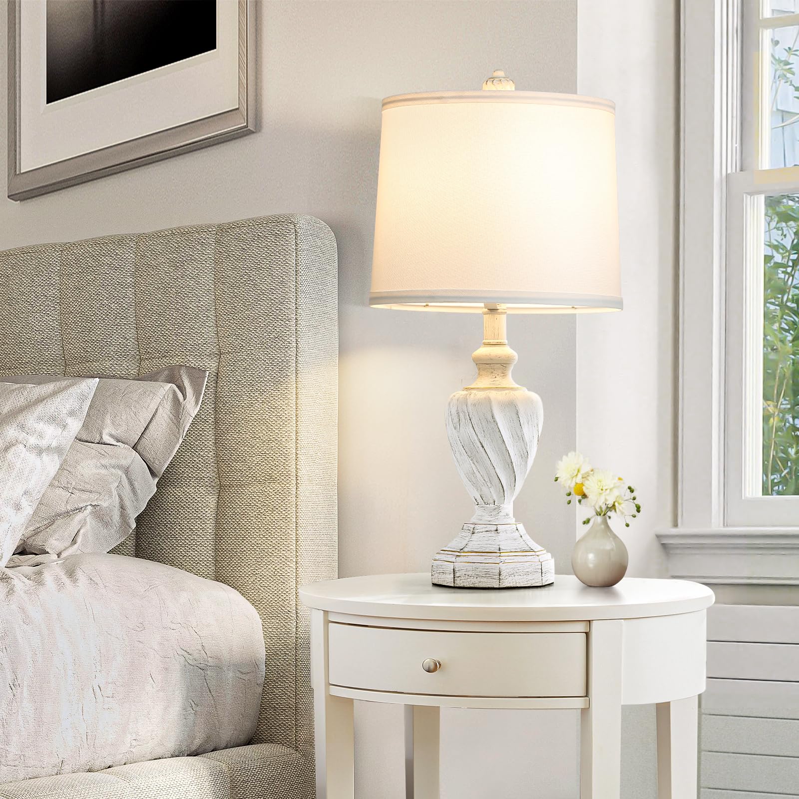 Spclsim 22.4" Farmhouse Table Lamps For Bedrooms Set Of 2, Rustic Resin End Table Lamps For Living Room Gold Trim Base, Bedside Nightstand Lamps, Bulbs Included