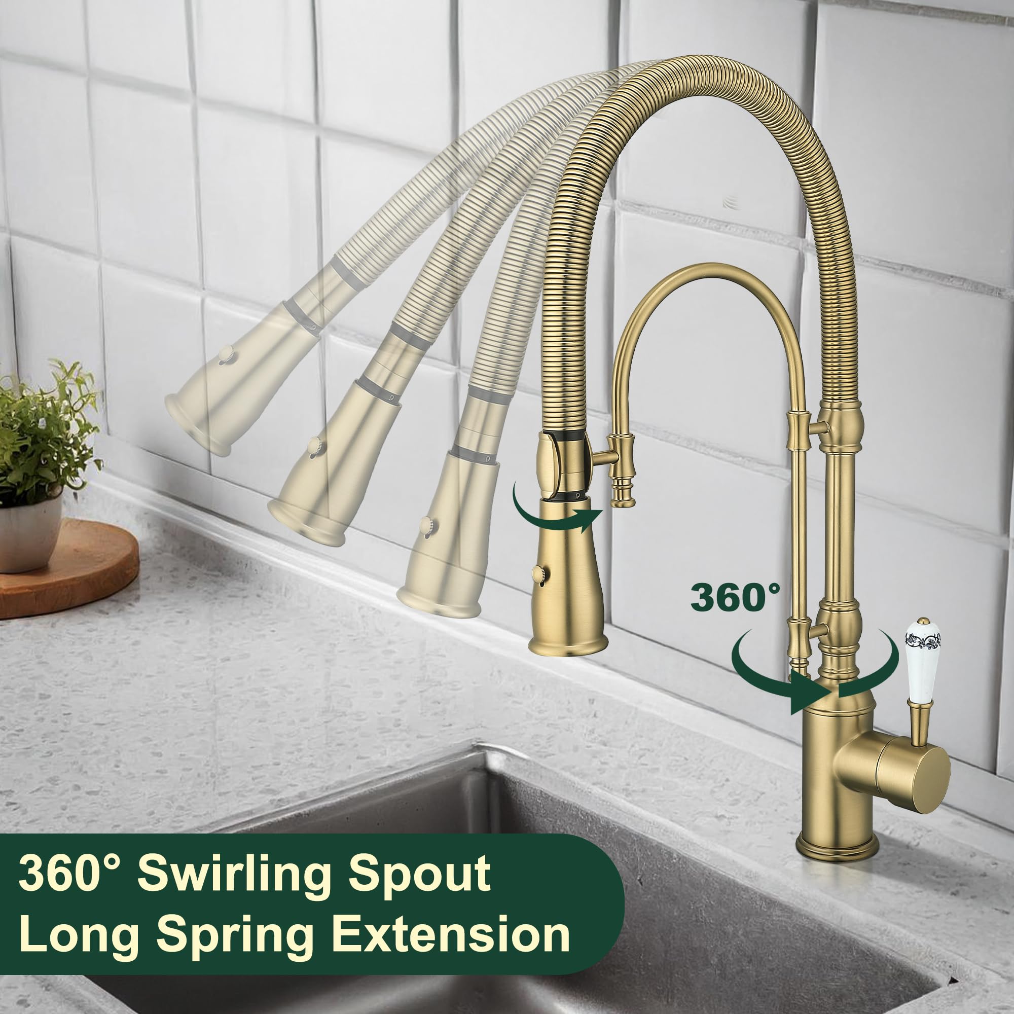 Ialtruistic Antique High Arc Classical Single Handle Spring Kitchen Faucet With Pull Down Sprayer, Swiveling Commercial Kitchen Sink Faucets For Farmhouse, Vintage Sink Faucet, Brushed Gold