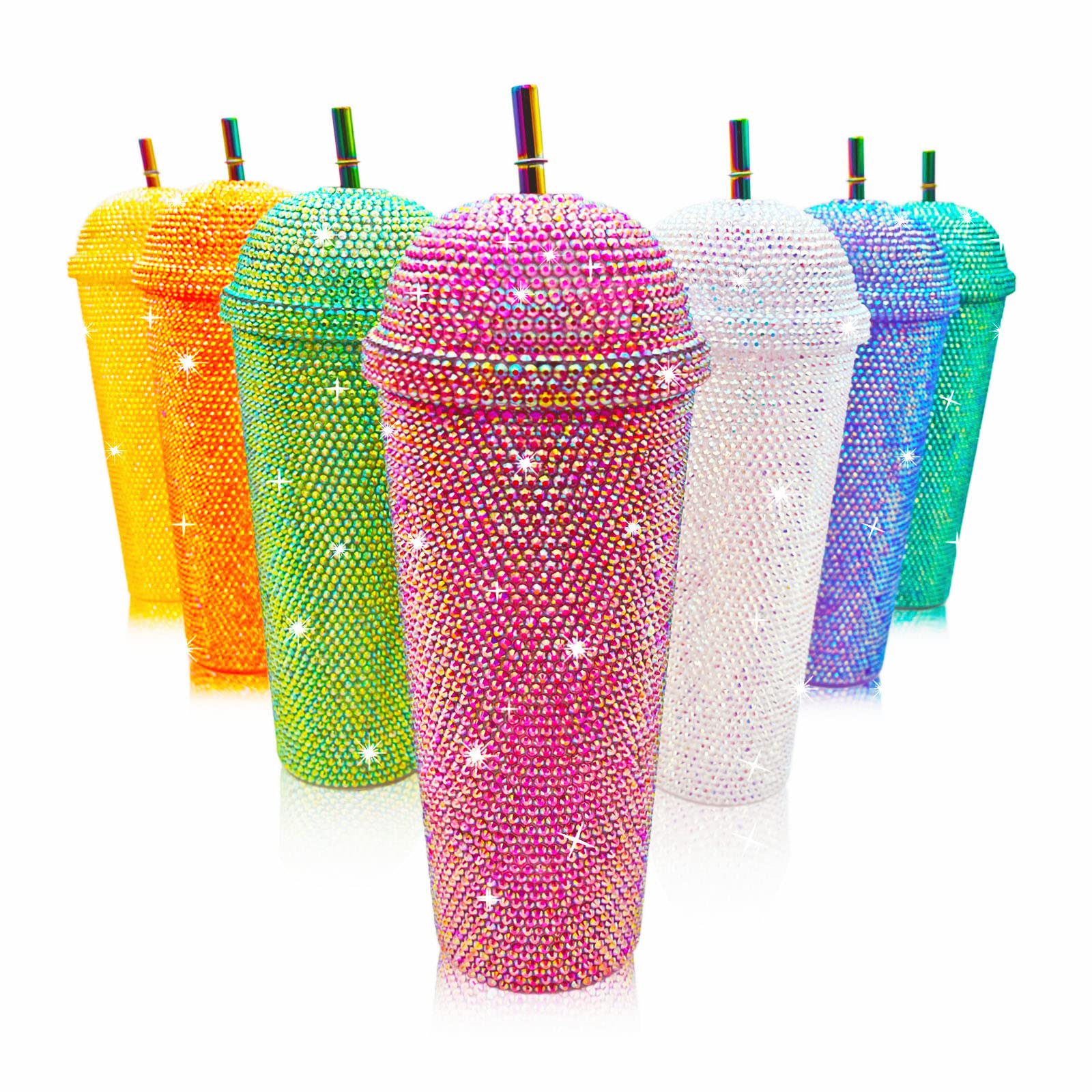 24Oz Bling Cup Handmade Rhinestones Studded Tumbler Double Wall Insulated Plastic Reusable