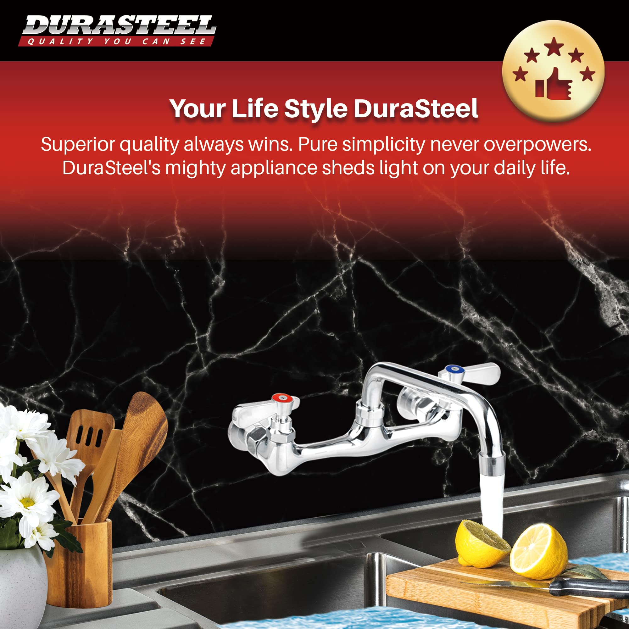 Durasteel Kitchen Sink Faucet Wall Mount - 8" Center Commercial Kitchen Sink Faucet With 8" Swivel Spout - Dual Lever Handles - Brass Constructed & Chrome Polished