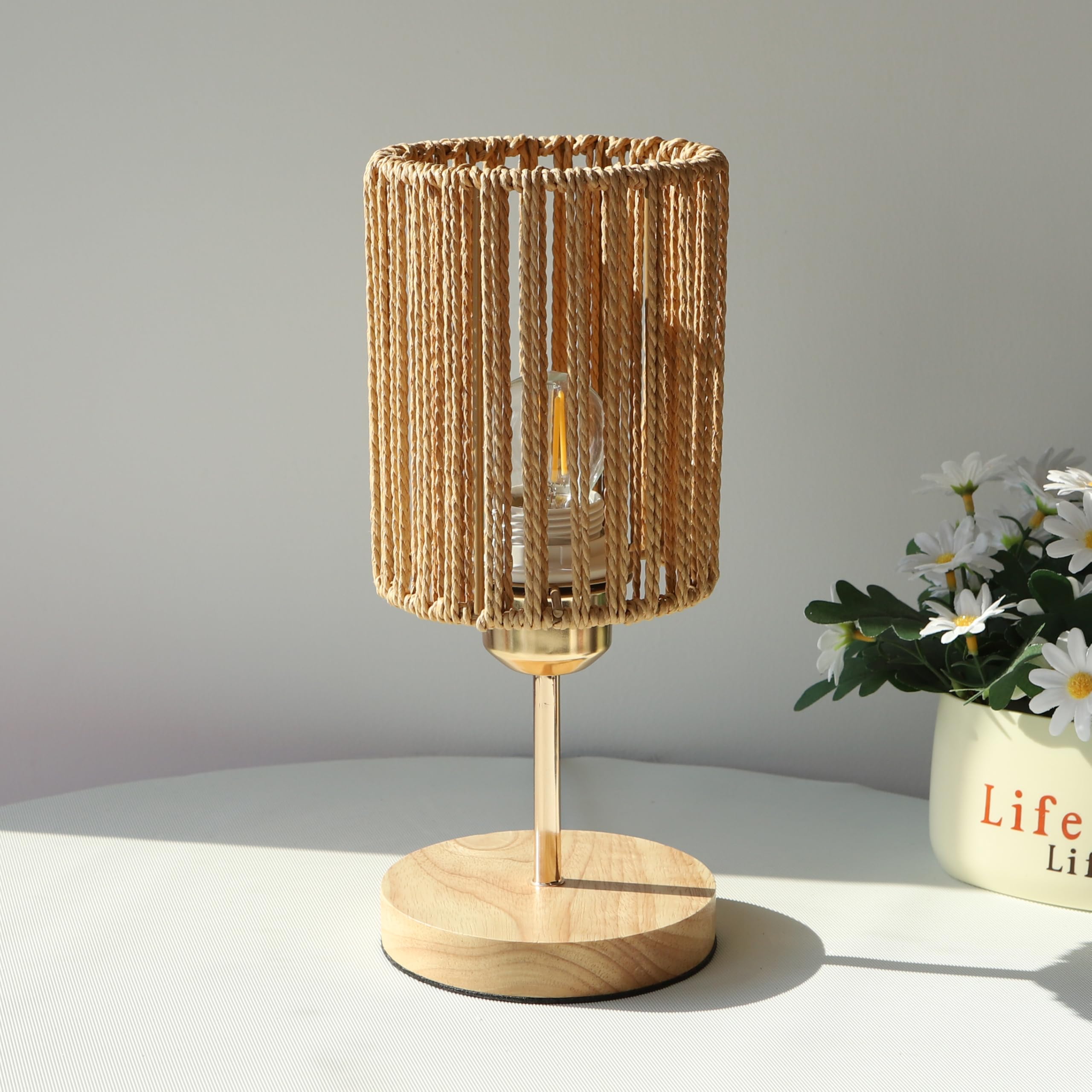 Rarlonly Boho Small Table Lamp With Bulb,Rustic Rattan Lamp For Bedroom,Nightstand Lamp,Table Lamp For Living Room,Wooden Base Bedside Lamp,Desk Lamp For Small Spaces (Brown-B)