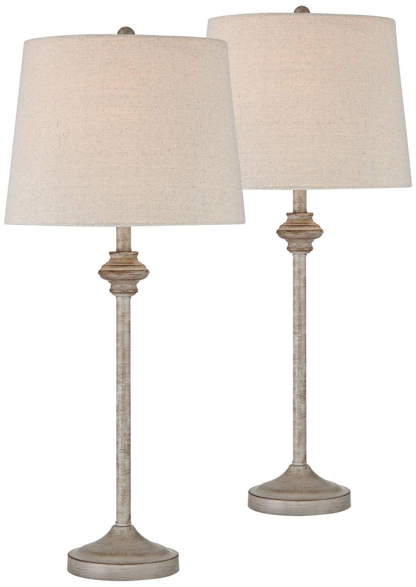 360 Lighting Lynn Country Cottage Rustic Buffet Table Lamps 26 3/4" Tall Skinny Set Of 2 Light Beige Wood Oatmeal Fabric Tapered Drum Shade For Living Room House Home Dining Office Entryway Family