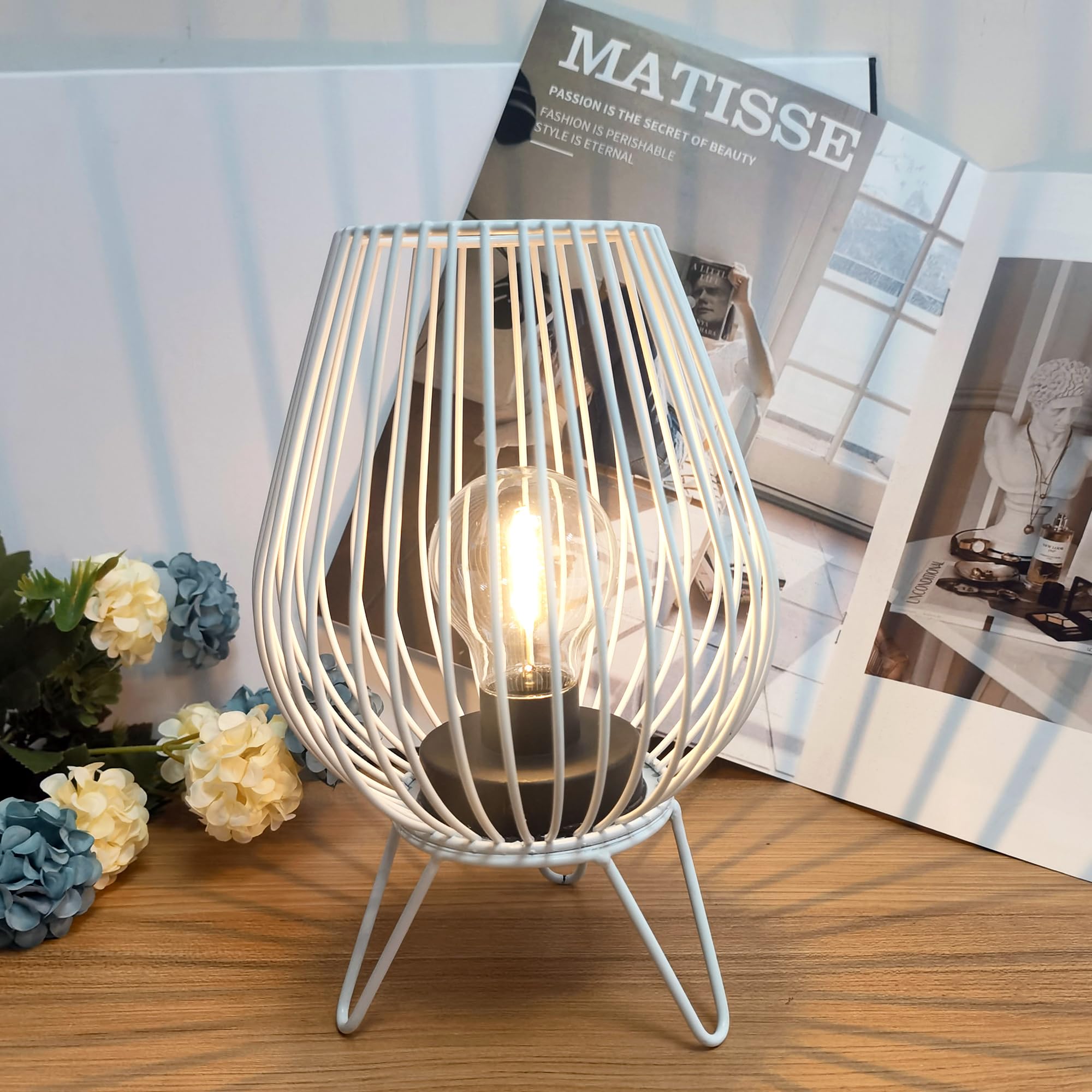 Auron 22Cm High Table Lamp Iron Cage Shape Night Light Battery Operated Bedside Lamp Home Decor For Bedroom Living Room Party Office Garden Indoor Outdoor (White)