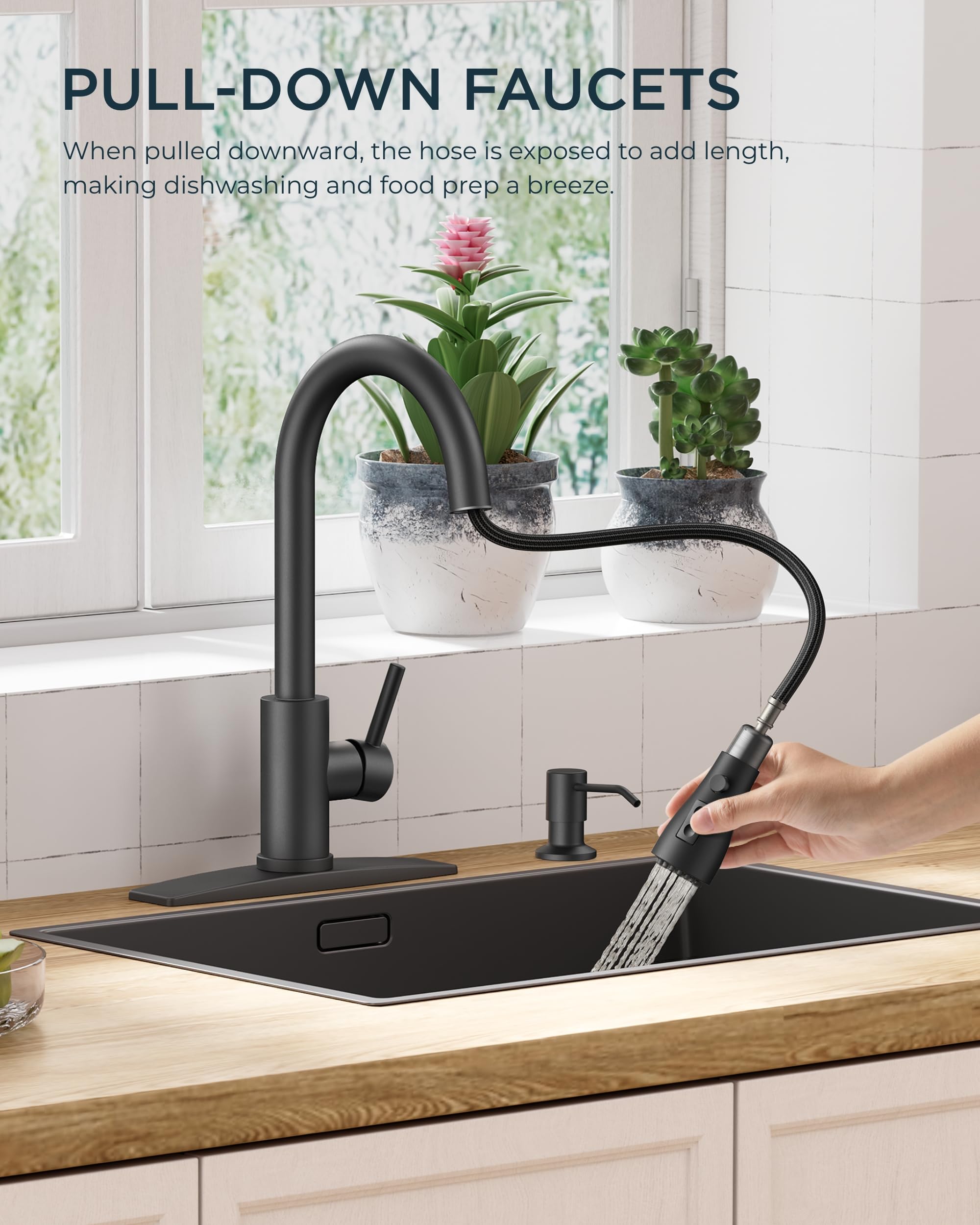 Forious Black Kitchen Faucet With Soap Dispenser And Pull Down Sprayer, High Arc Single Handle Classic 3 Modes Stainless Steel Faucet For Kitchen Sink Farmhouse Rv Bar Laundry Camper