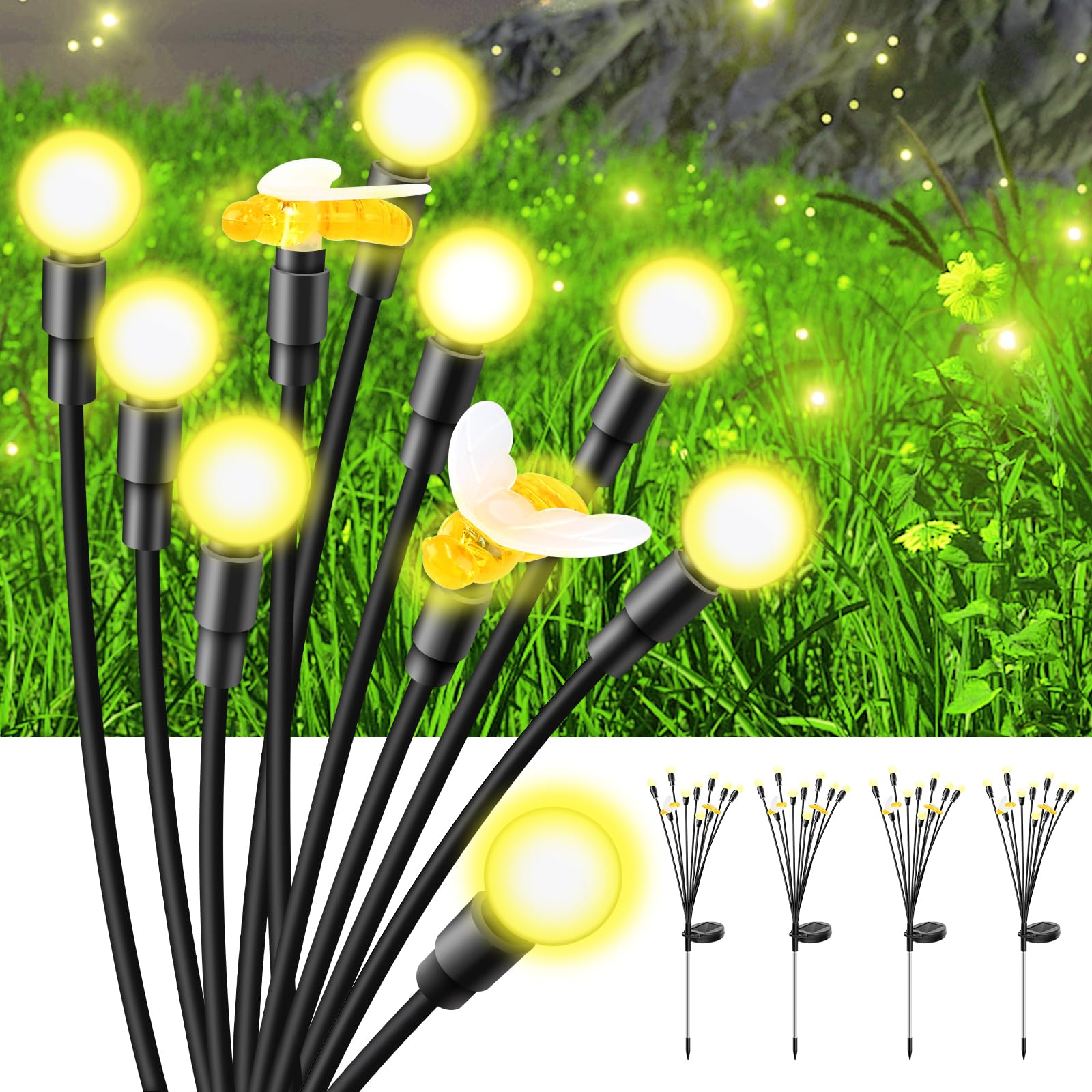 Azbestpro Solar Garden Lights 40 Led Firefly Lights Solar Outdoor Sway By Wind For Patio Pathway Decoration 2+8 Warm White (Bees 4 Pack)…