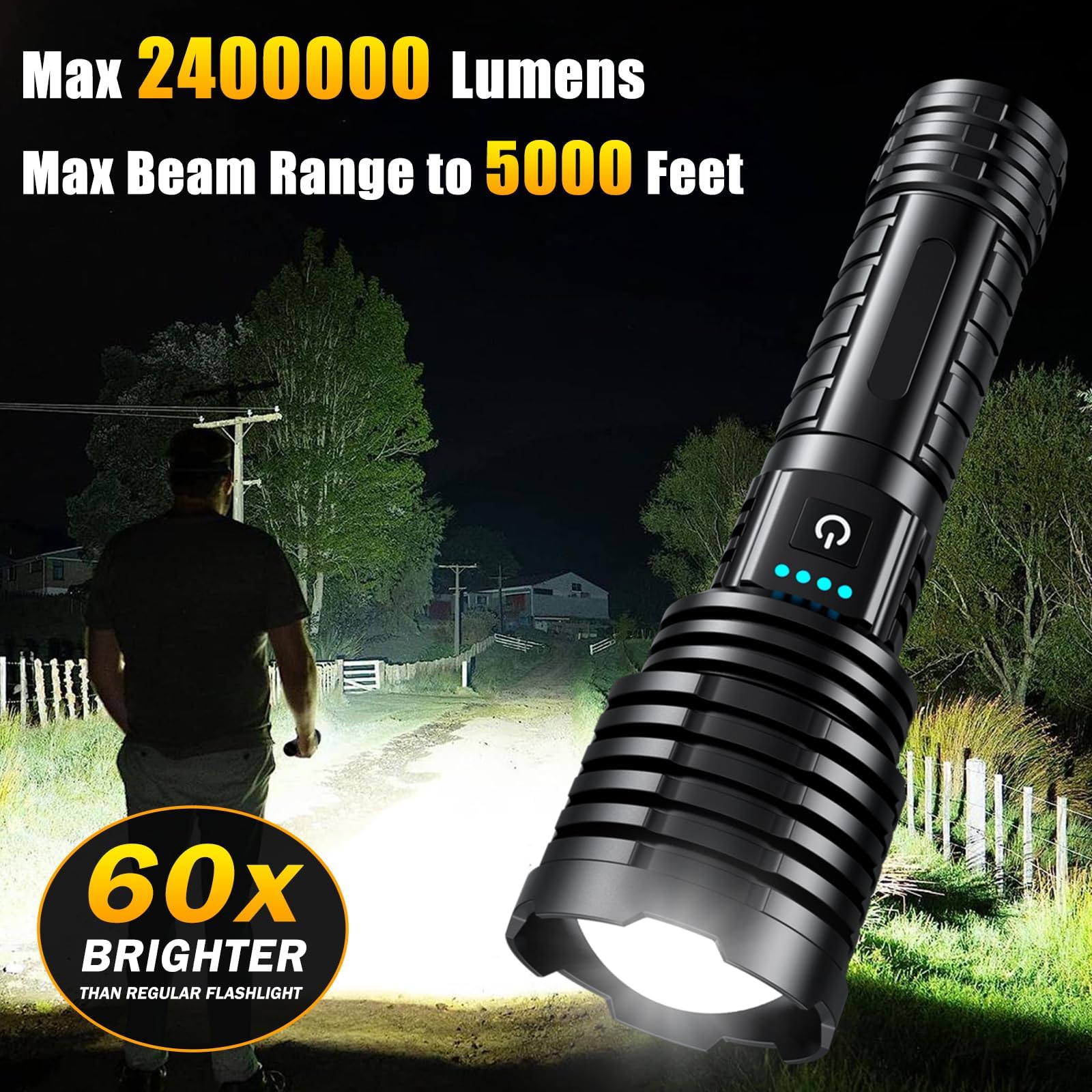 Weoxi Rechargeable Flashlights 2400000 High Lumens,Super Bright Led Flashlight For Home Emergency, Waterproof Handheld Flashlights With Pouch, 5000Mah Battery, Spotlight And Floodlight Function