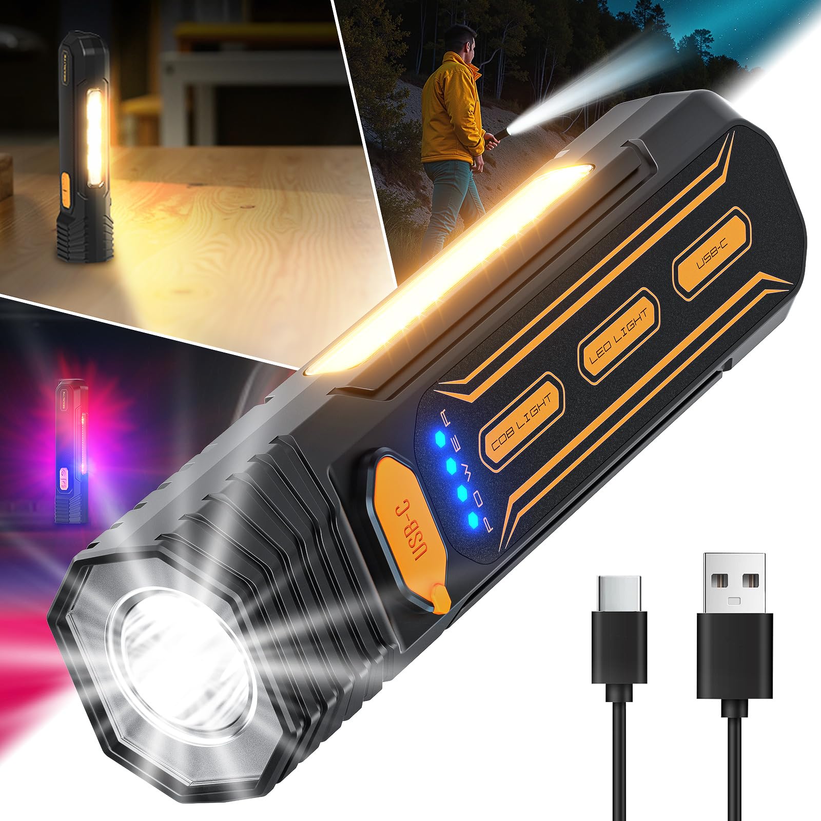 Rechoo Rechargeable Flashlight High Lumens, Portable Flashlight For Emergencies With Cob Side Light & 6 Modes, Multi-Functional Led Flashlight For Outdoor, Home, Camping (Battery Included)