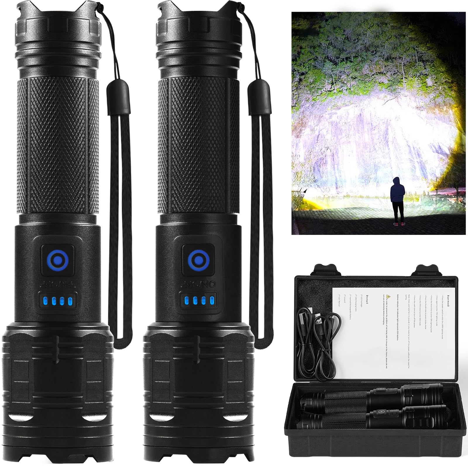 Timsumr Rechargeable Flashlights 990,000 High Lumen, 2 Pack Super Bright Led Flashlight With 3 Modes, High Powered Flash Light For Home, Camping, Outdoor