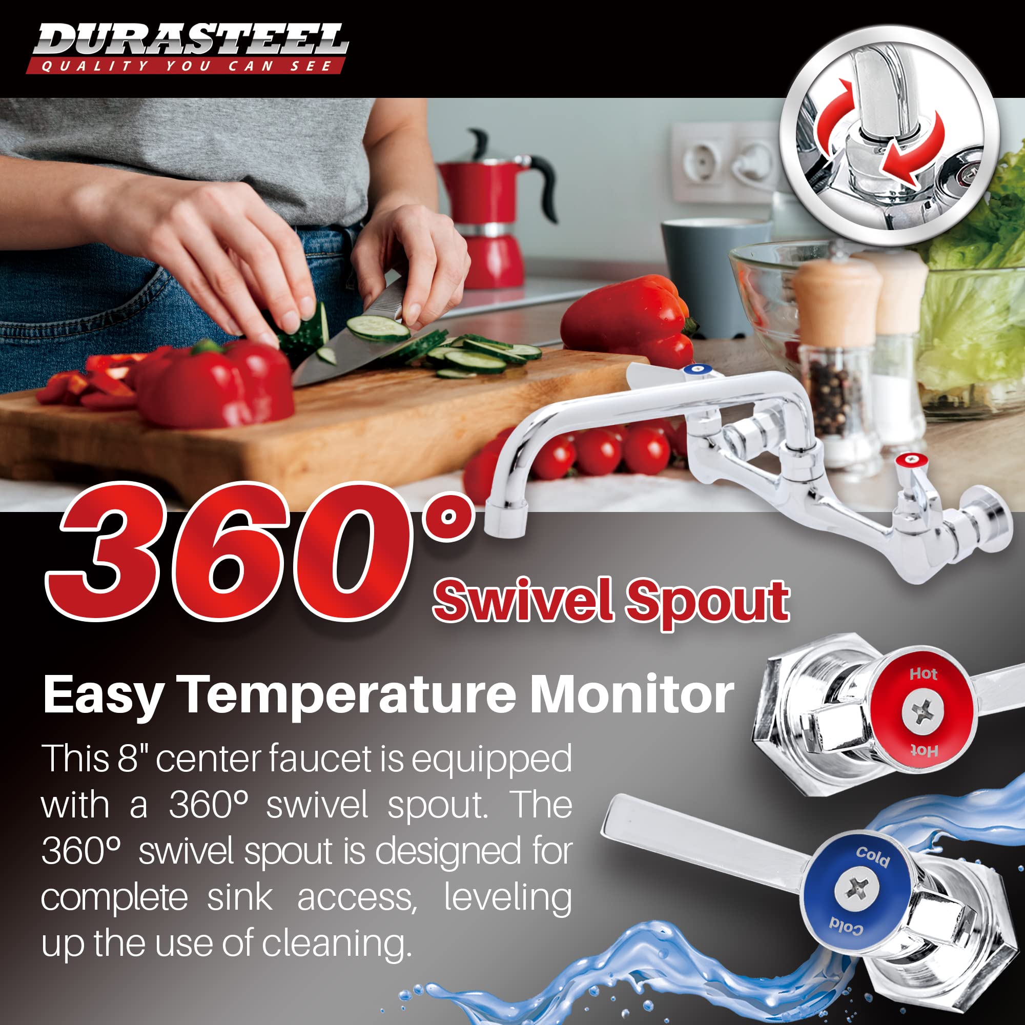 Durasteel Kitchen Sink Faucet Wall Mount - 8" Center Commercial Kitchen Sink Faucet With 8" Swivel Spout - Dual Lever Handles - Brass Constructed & Chrome Polished