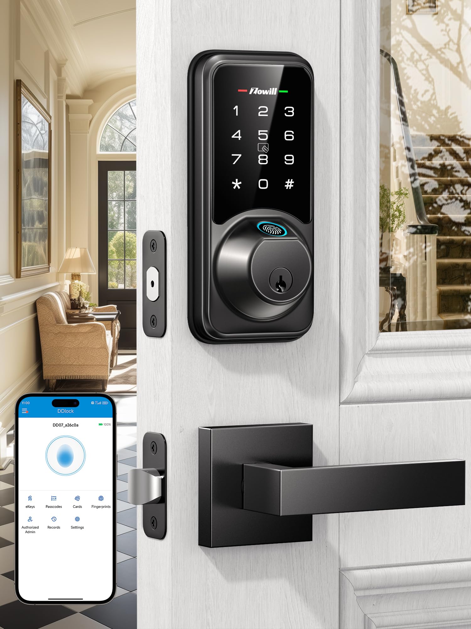 Zowill Smart Door Lock Set For Front Door, 7-In-1 Fingerprint Deadbolt With App Control, Keyless Entry Door Lock With 2 Lever Handles, Biometric,Touchscreen Keypad, Auto Lock, Matte Black