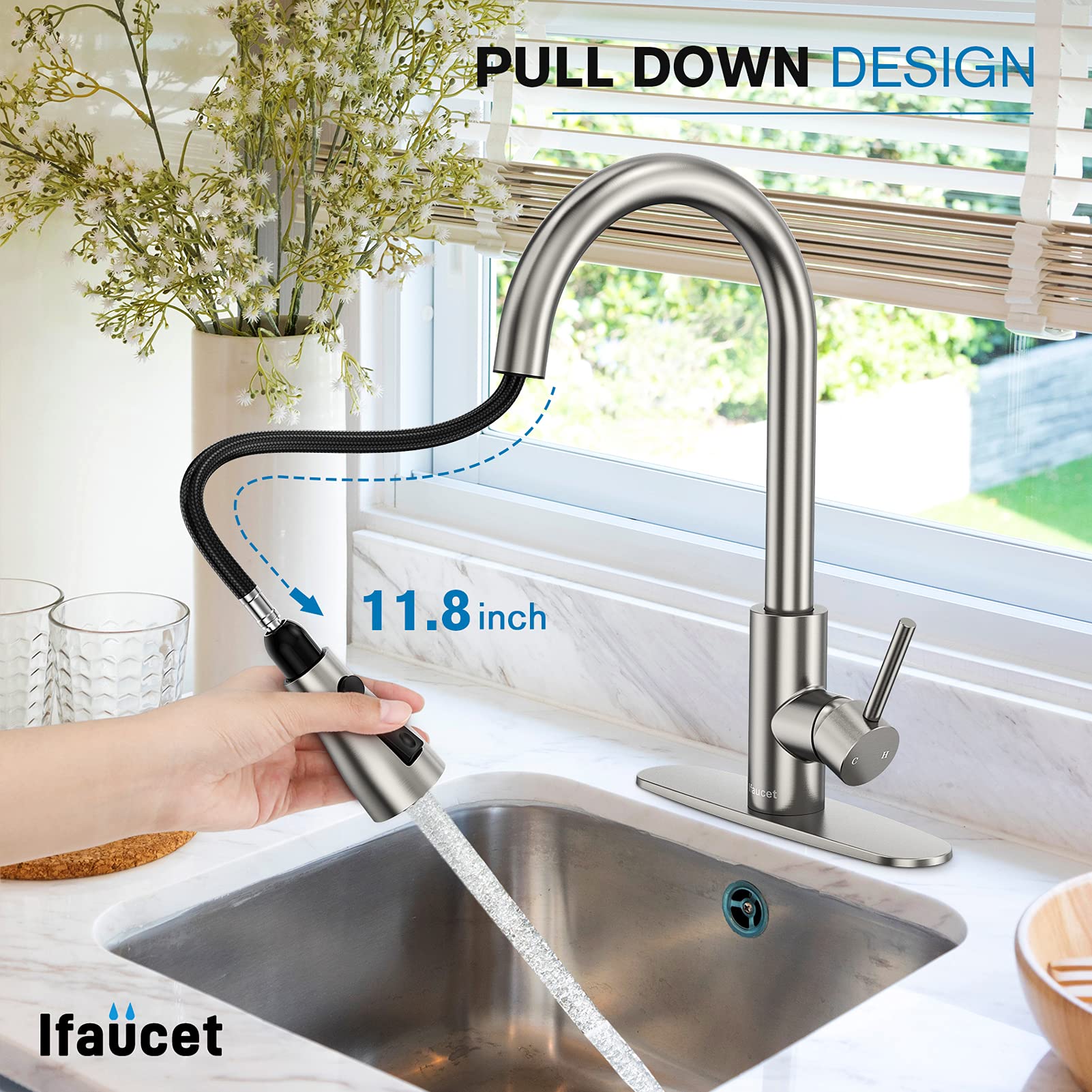 Ifaucet Kitchen Faucets, Kitchen Faucet With Pull Down Sprayer, High Arc Single Handle Kitchen Sink Faucet With Water Lines, Brushed Nickel Kitchen Faucet With Sprayer, Rv Sink Faucets