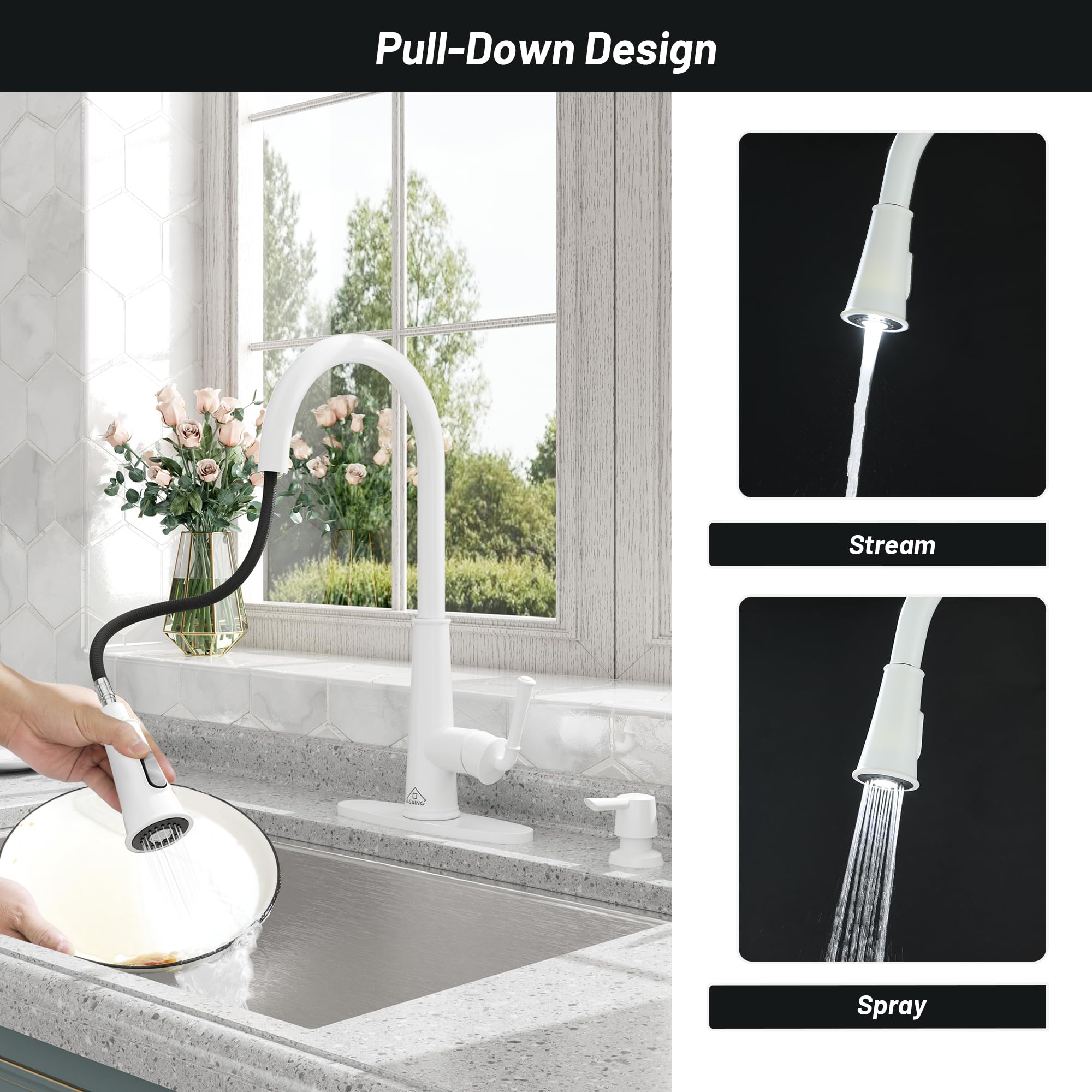 Casainc Touchless Kitchen Faucet With Pull Down Sprayer And Led Light Motion Sensor Kitchen Sink Faucet With Soap Dispenser Single-Handle Matte White Faucet For Kitchen Laundry Rv And Bar