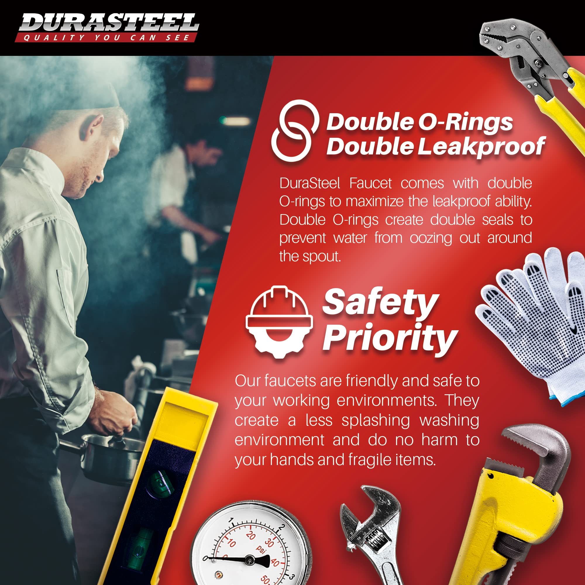 Durasteel Kitchen Sink Faucet Wall Mount - 8" Center Commercial Kitchen Sink Faucet With 8" Swivel Spout - Dual Lever Handles - Brass Constructed & Chrome Polished