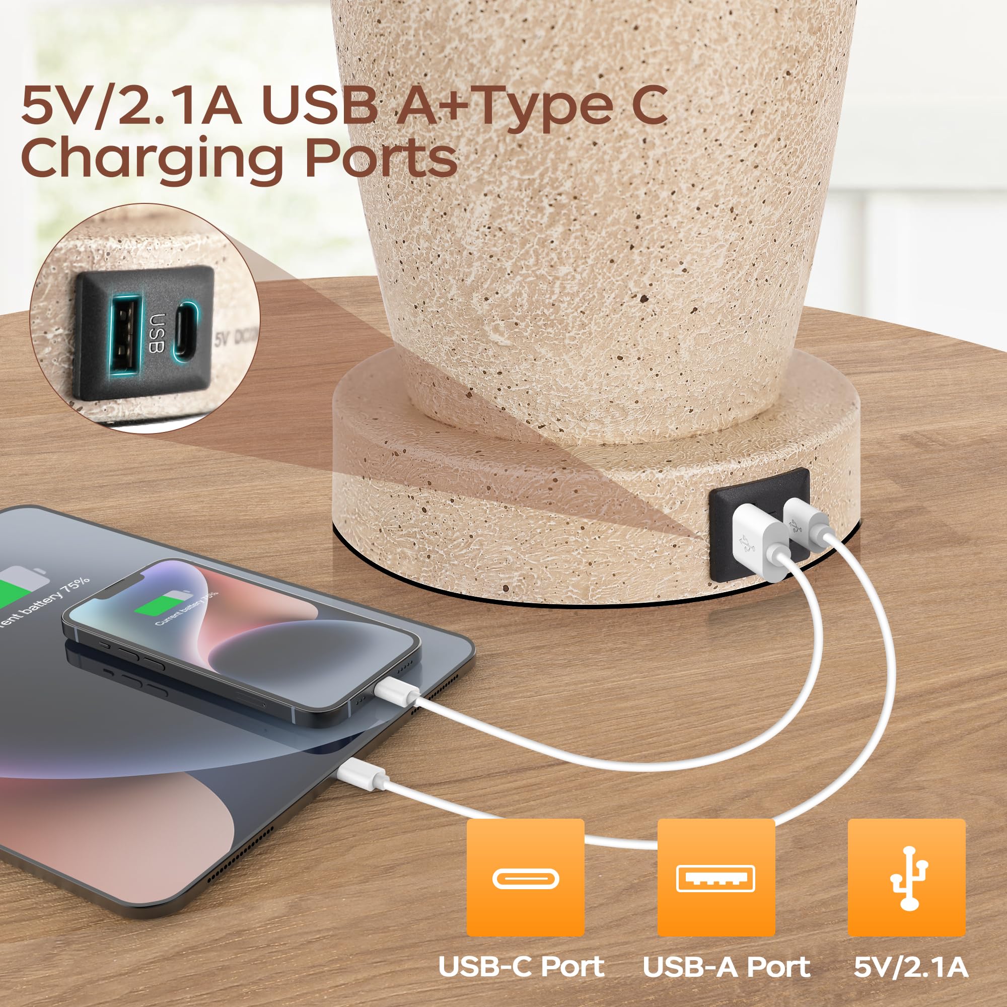 Wihtu 3 Color Temperature Farmhouse End Table Lamps For Living Room With Usb-A And Type C Ports, Rustic Bedside Lamp With Beige Oatmeal Fabric Drum Shades, Bedroom House Lamp For Nightstand ( Bulb Included)