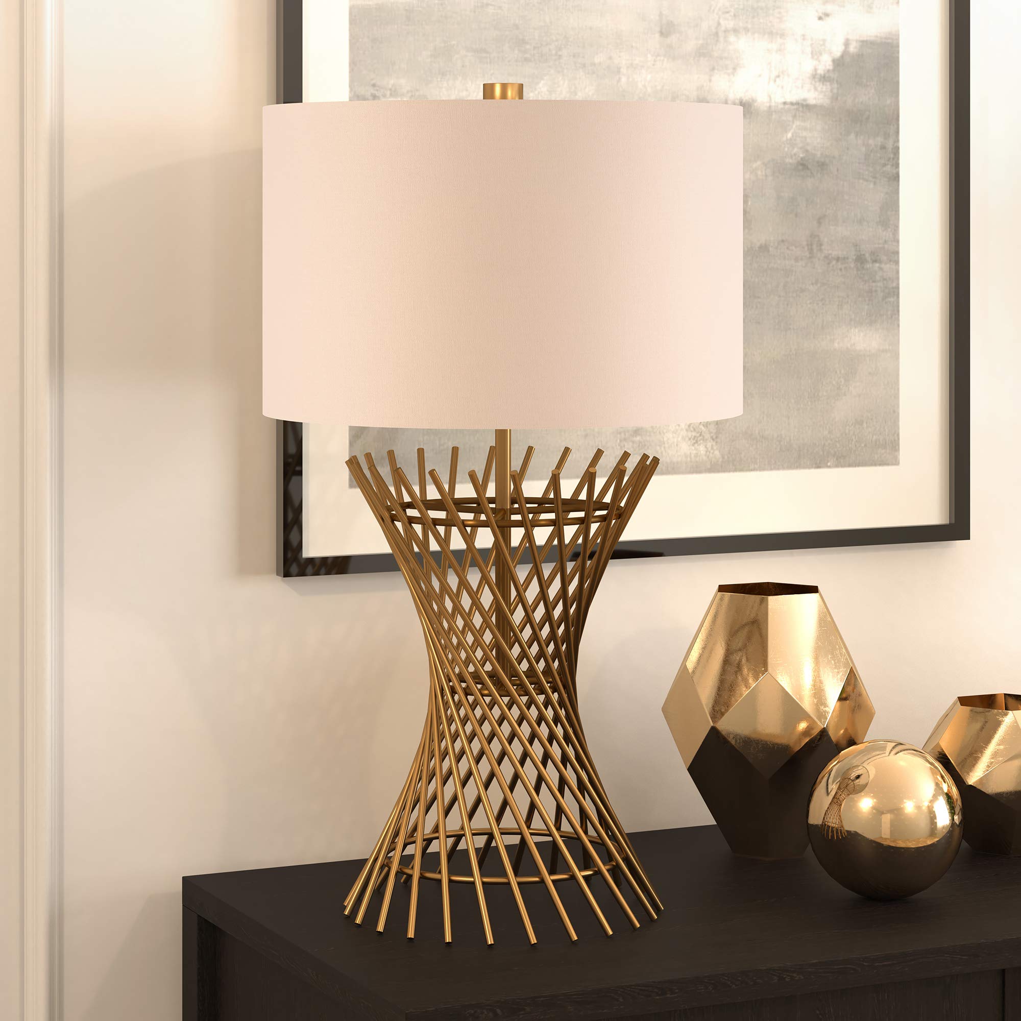 Henn&Hart 25" Tall Table Lamp With Fabric Shade In Antique Brass, For Home, Living Room, Bedroom, Entertainment Room, Office, Kitchen, Dining