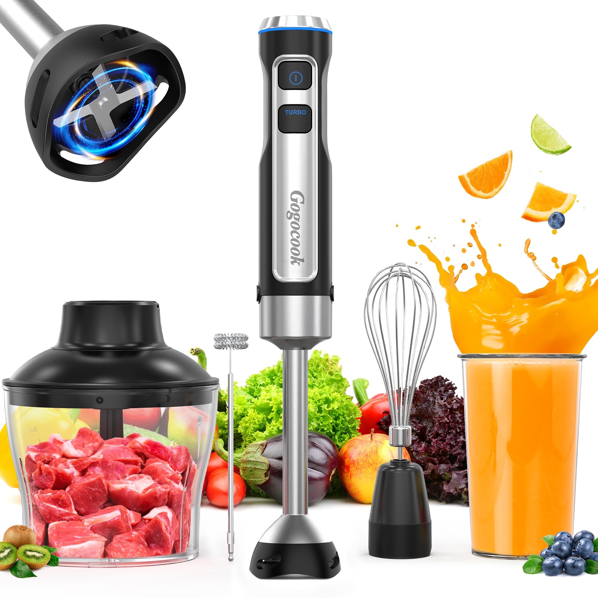 Gogocook Immersion Blender 5 In 1 Hand Blender, Electric Blender Max 1000W Heavy Duty Motor, 21 Speed & Turbo Mode Handheld Blender, Milk Frother, Egg Whisk, 800Ml Beaker, 600Ml Chopper Stainless Steel Blades