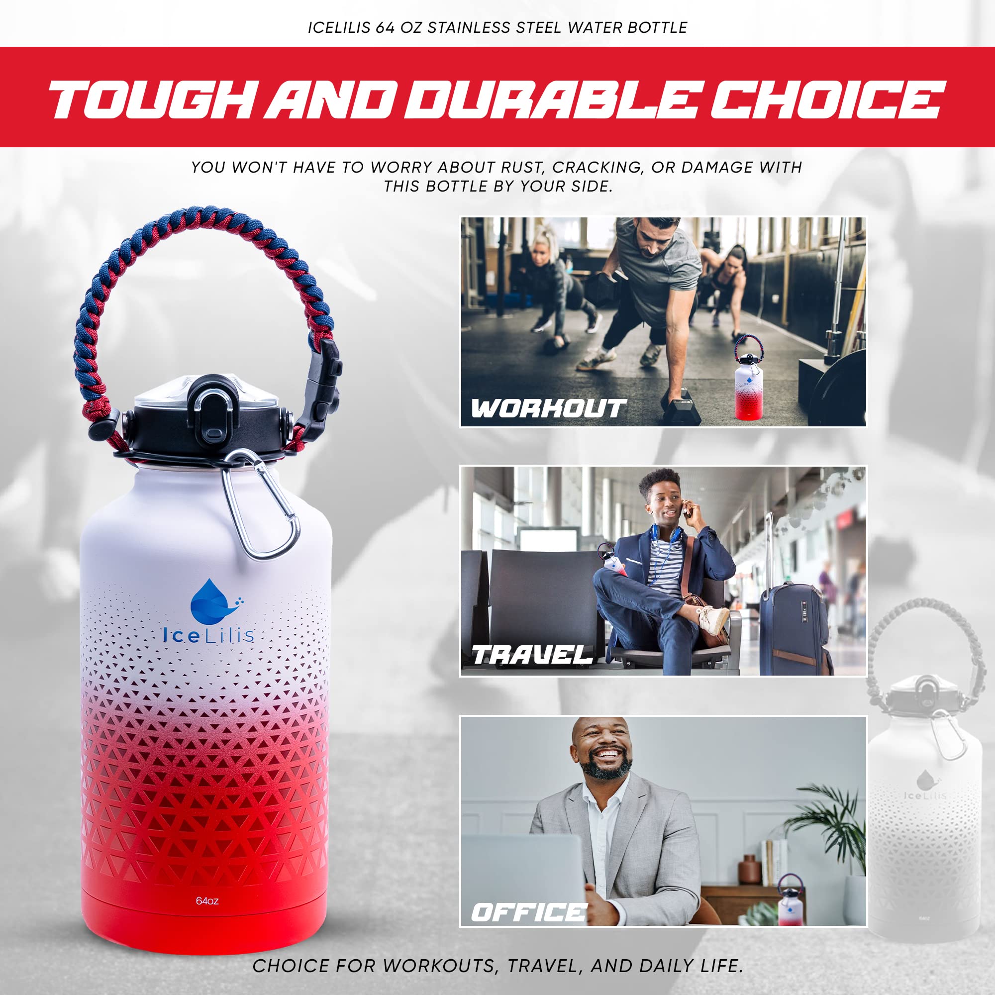 64 Oz Stainless Steel Water Bottle - Multi-Lid - Ideal For Sports, Travel, Workouts - Double