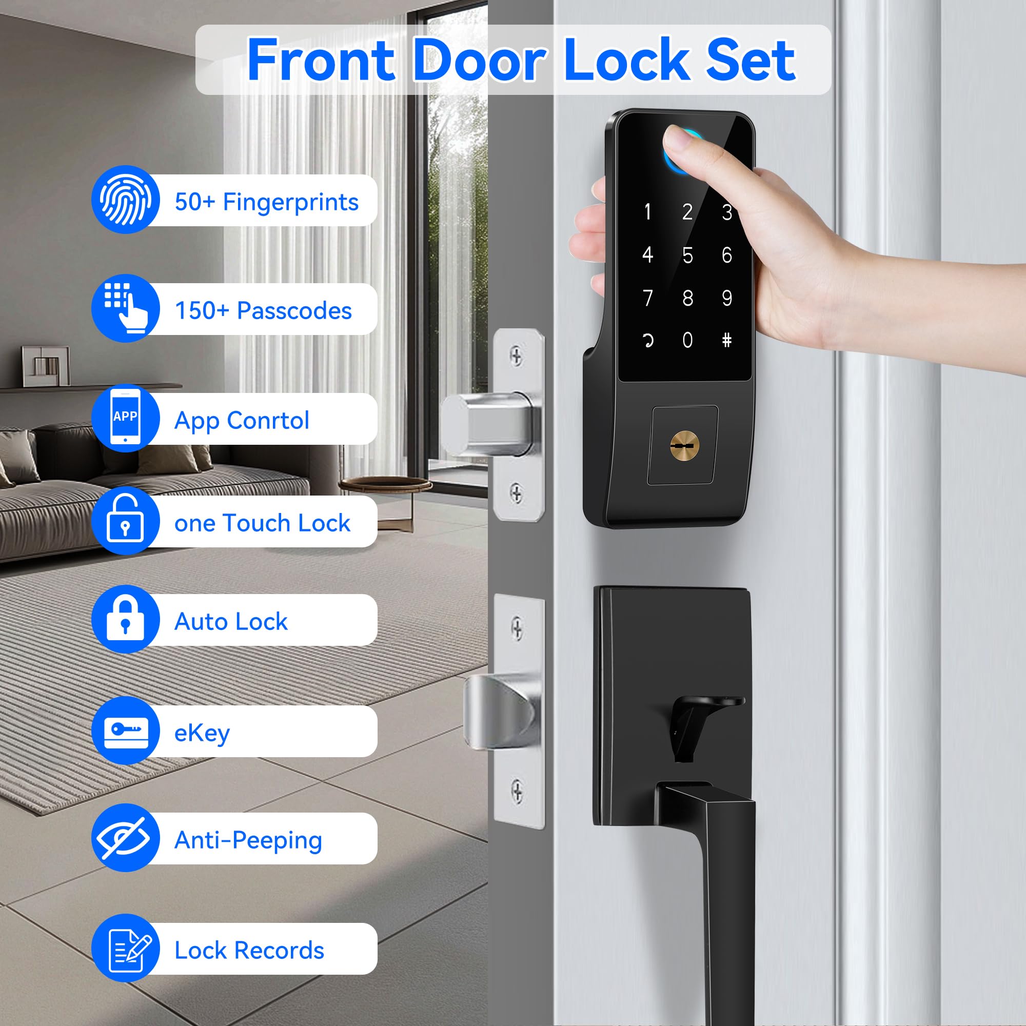 Yosimika Smart Lock For Front Door,5-In-1 Keyless Entry Door Lock Deadbolt,App Controll Keypad Deadbolt Lock With Handle,Smart Digital Code Deadbolt,Black