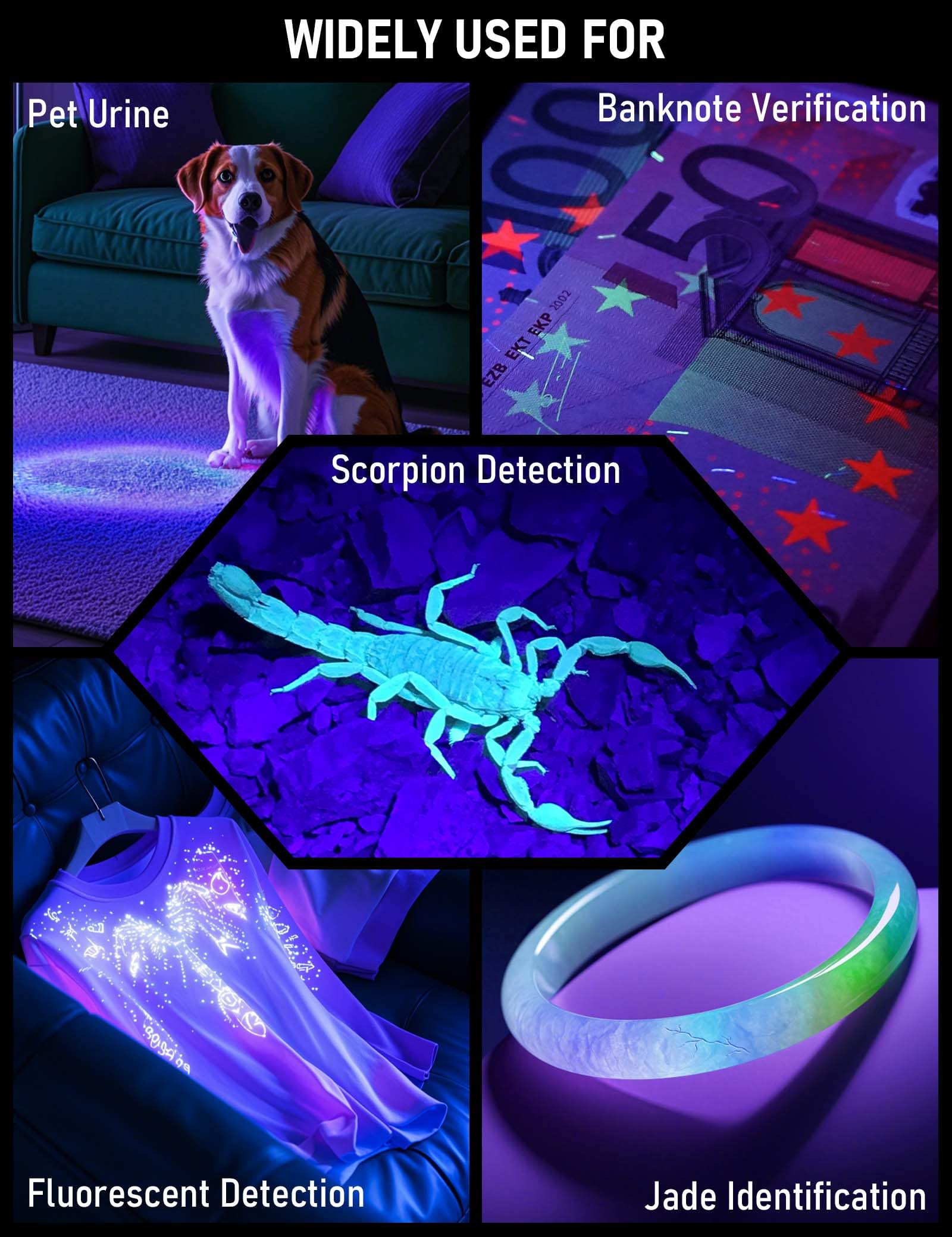 Esgofo Uv Flashlight 365Nm Powerful, Large 4-Core High Power Led Ultraviolet Blacklight Rechargeable Usb C, Handheld Big Ultraviolet Black Flash Light For Pet Urine Detection Scorpion Resin Curing