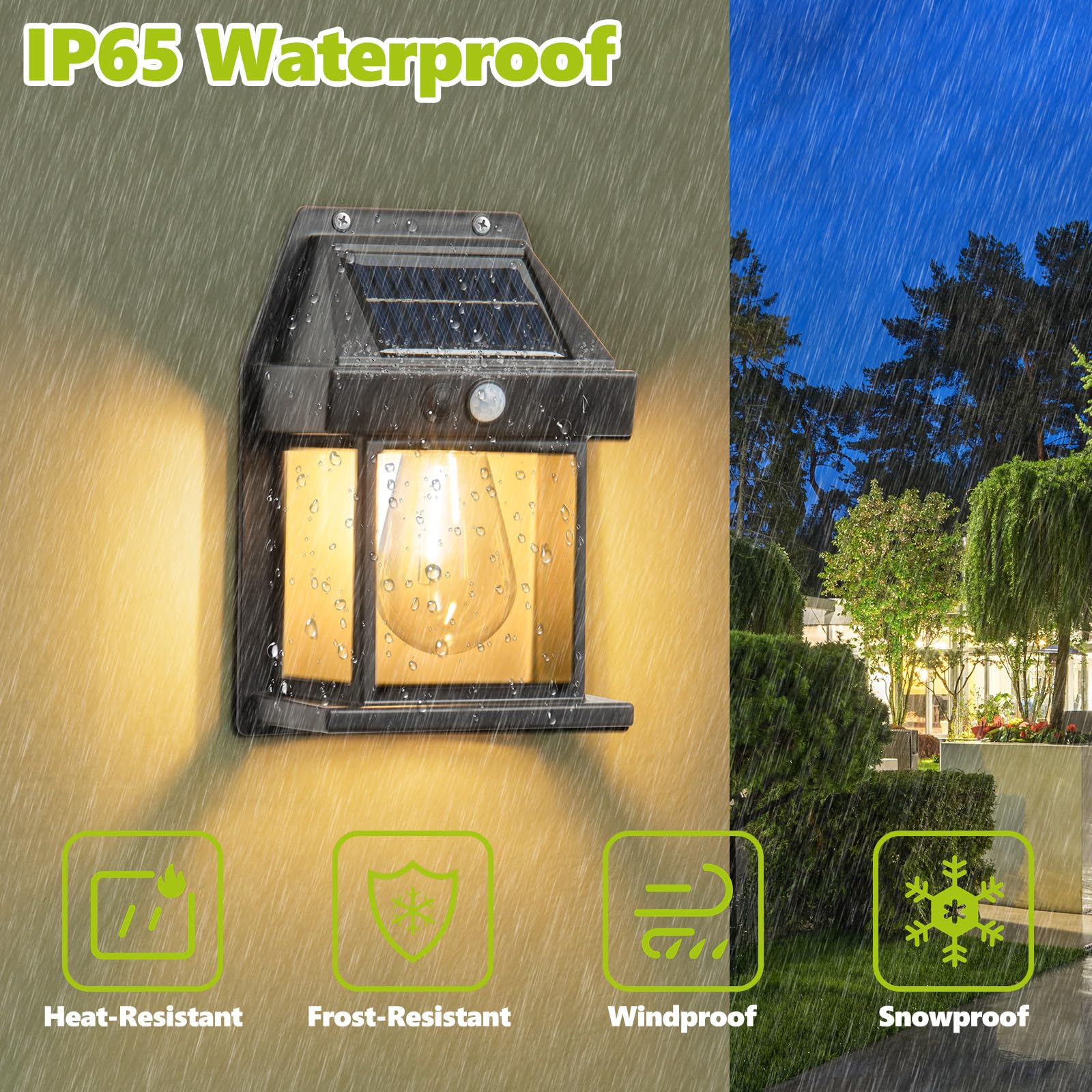 Weatherproof solar-powered wall light for garages and outdoor areas
