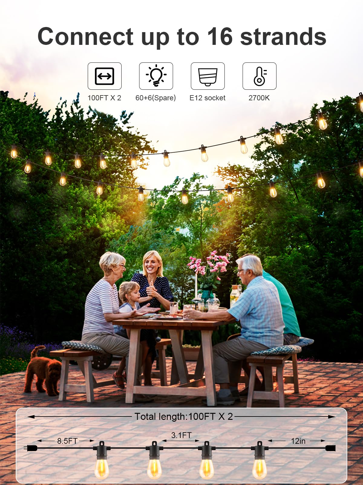 Svater Outdoor String Lights 200 Ft, Patio Lights For Outside With Shatterproof Bulbs, Waterproof Ip65 Commercial Hanging Light For Backyard Porch Balcony Bistro Party, 2700K