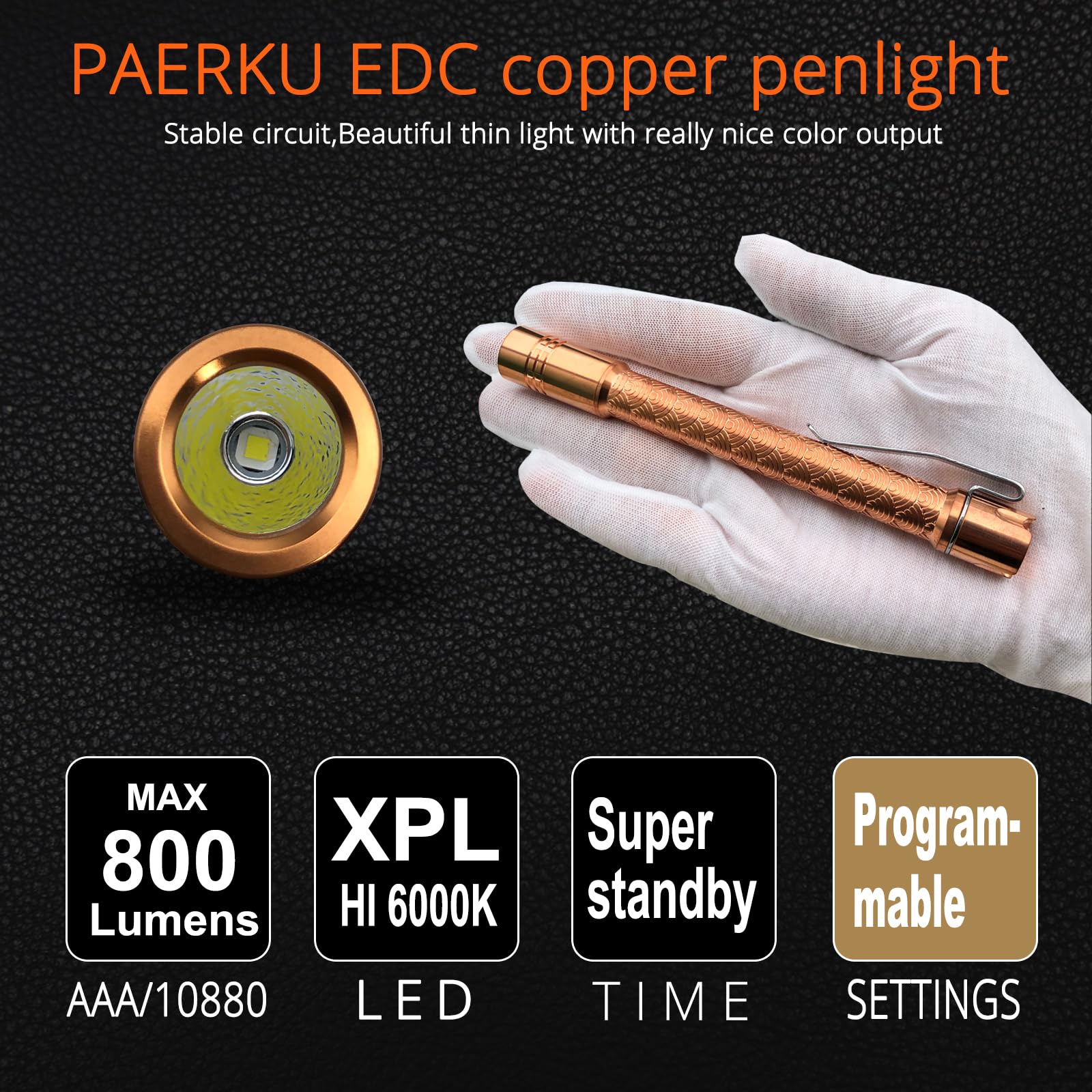 Paerku Pineapple Mini Flashlight Penlight, 6000K Xpl Hi Led 10880/Aaa Small Led Copper Flashlight By Reylight For Outdoor, Power Outage Lighting, Emergency Lighting, Without Batteries