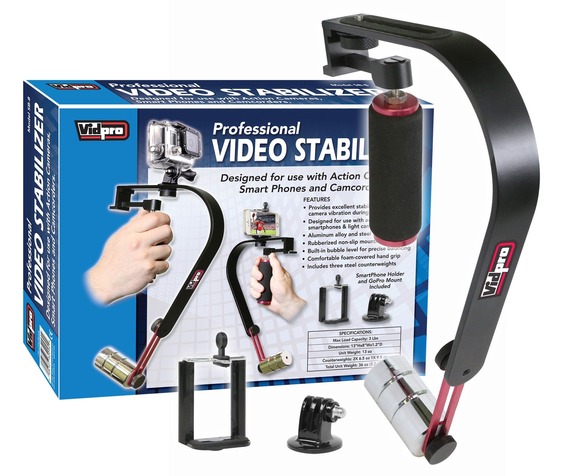 Vidpro Sb-8 Video Stabilizer For Gopro, Smartphones, Cameras & Camcorders With Smartphone Holder & Adapter For Gopro