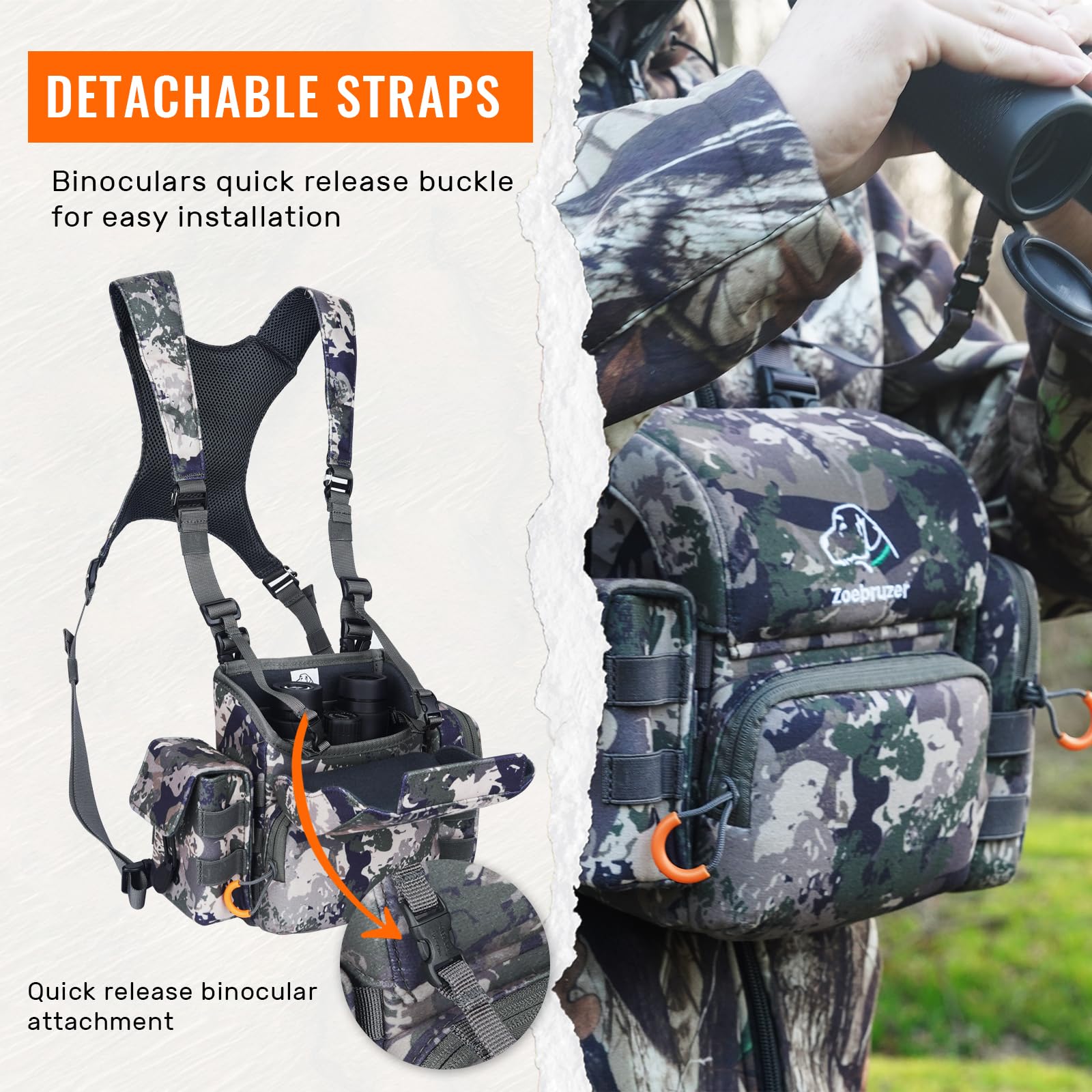 Zoebruzer Binocular Harness Chest Pack, Bino Harness Bag With Rangefinder Pouch & Rain Cover, Molle System Multifunction Hunting Pack