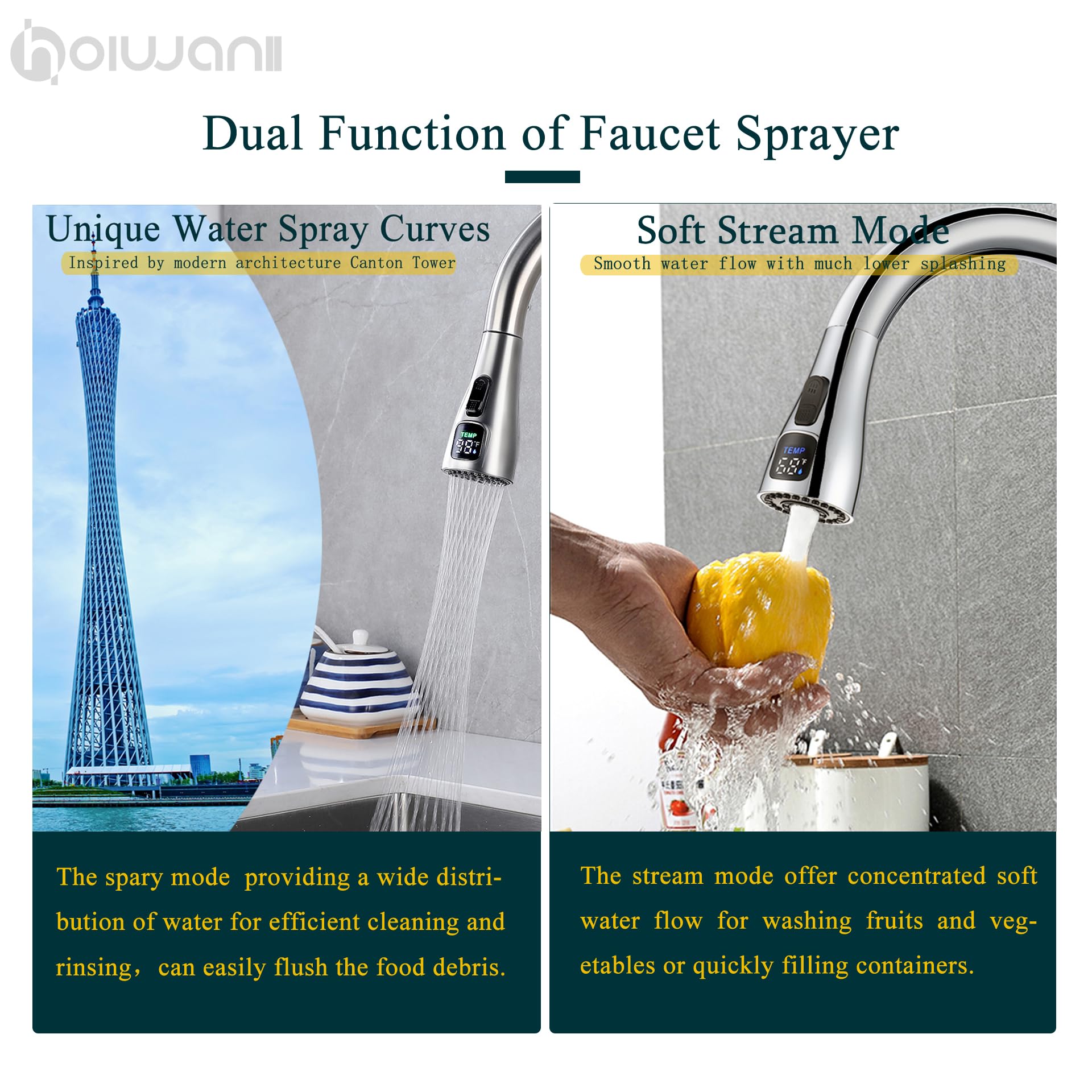 Hoiwanii Kitchen Faucet Head Replacement, Led Temperature Display Kitchen Spray Head, Pull Down Pull Out Faucet Sprayer Nozzle,Brushed Nickel