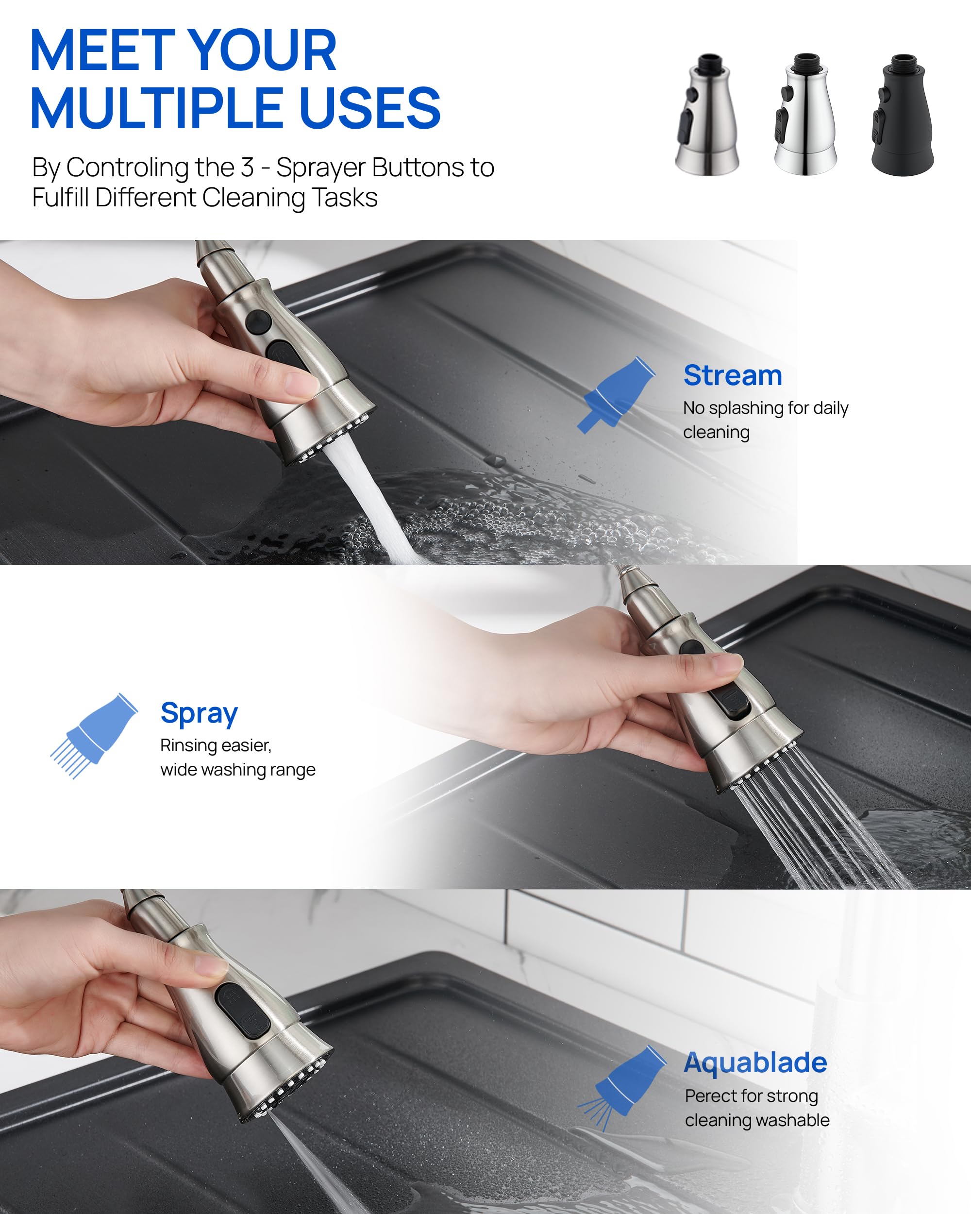 J-Hva Kitchen Faucet Sprayer Head Replacement With 15 Adapters (Updated) - Pull Down Kitchen Sink Faucet Spray Nozzle Head Replacement 3-Function Tap Spray Head For Kitchen Sink, Brushed Nickel