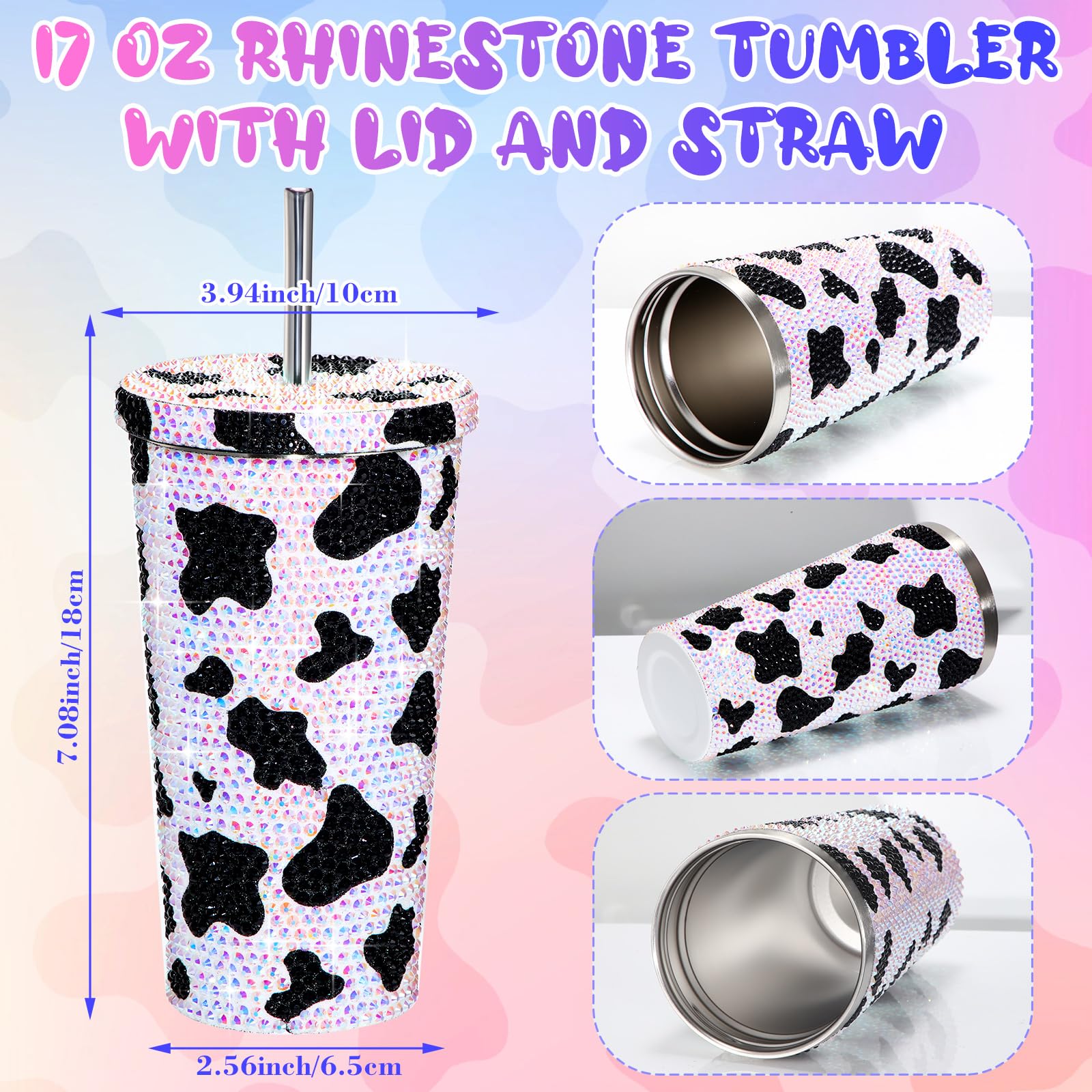 Yaomiao Thank You 17 Oz Bling Rhinestone Cow Print Tumbler Glitter Cow Water Bottle
