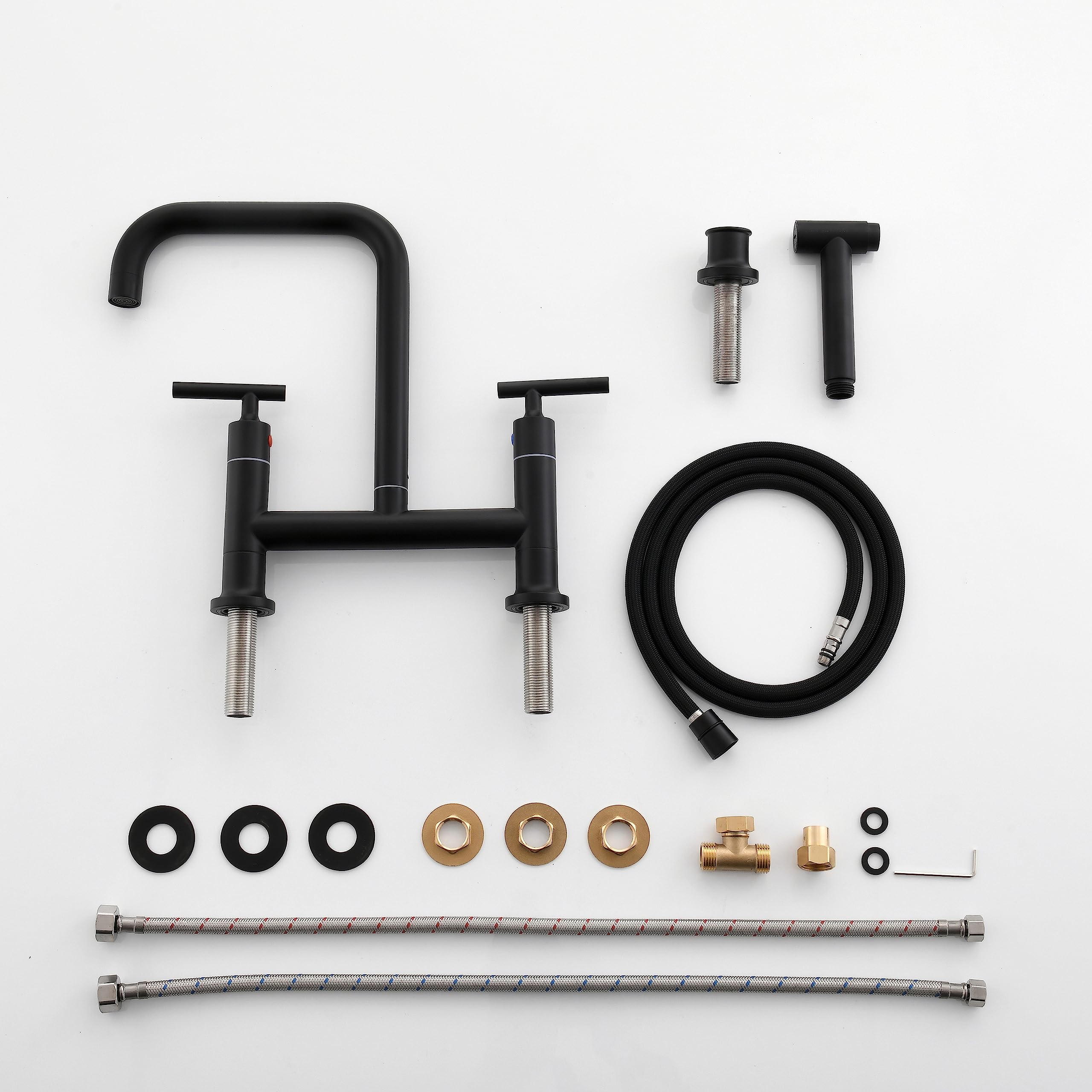 Felixbath Kitchen Bridge Faucet With Side Sprayer, 2 Handles 3 Holes Brass Kitchen Faucet 8 Inch Deck Mount Kitchen Sink Faucet, Matte Black (Cp026B)