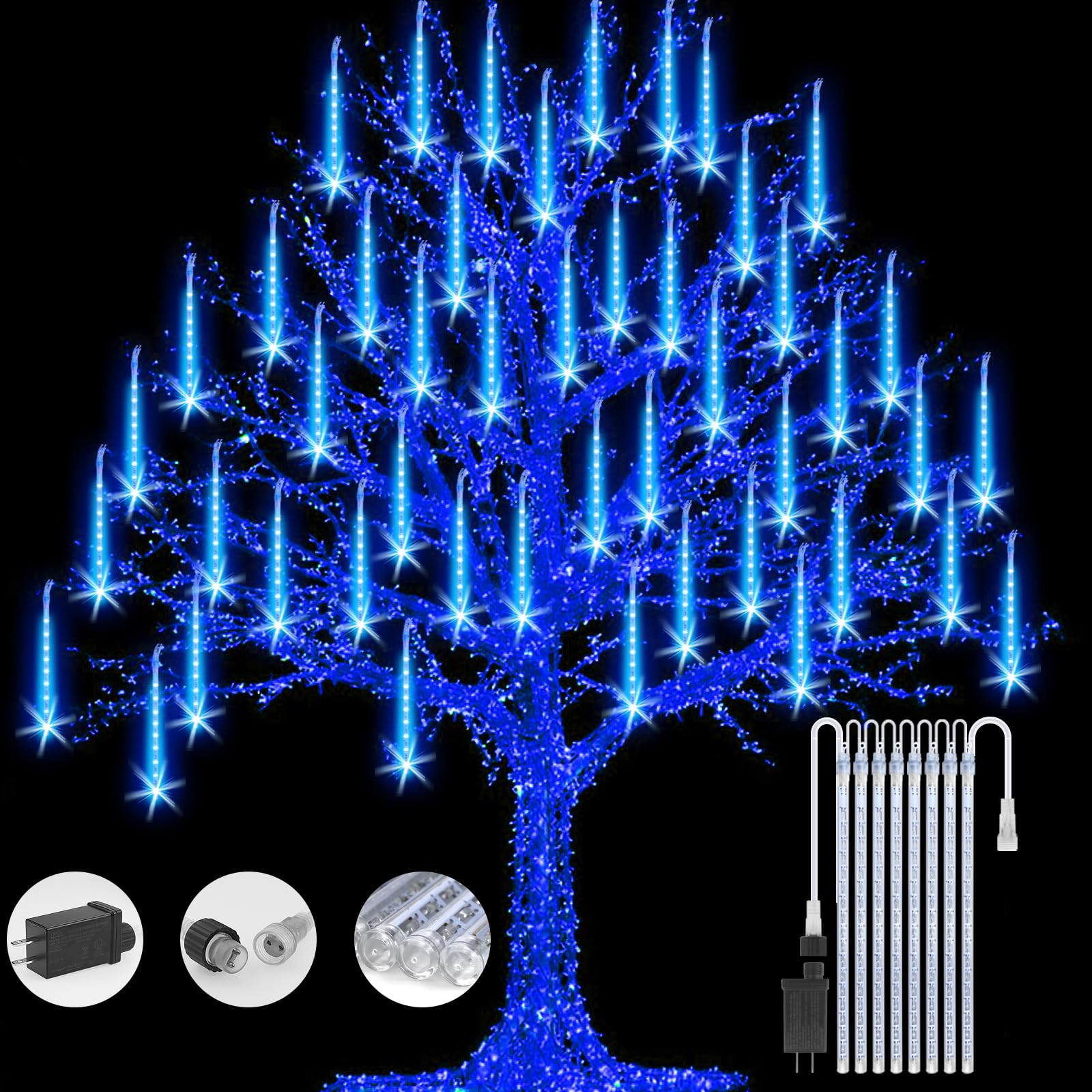 Fyyzy Icicle Lights Snowfall Meteor Shower Rain Light Christmas Led Decoration Falling Drop String Light 8 Tubes 288 Leds(Blue, 30Cm), 1 Pack