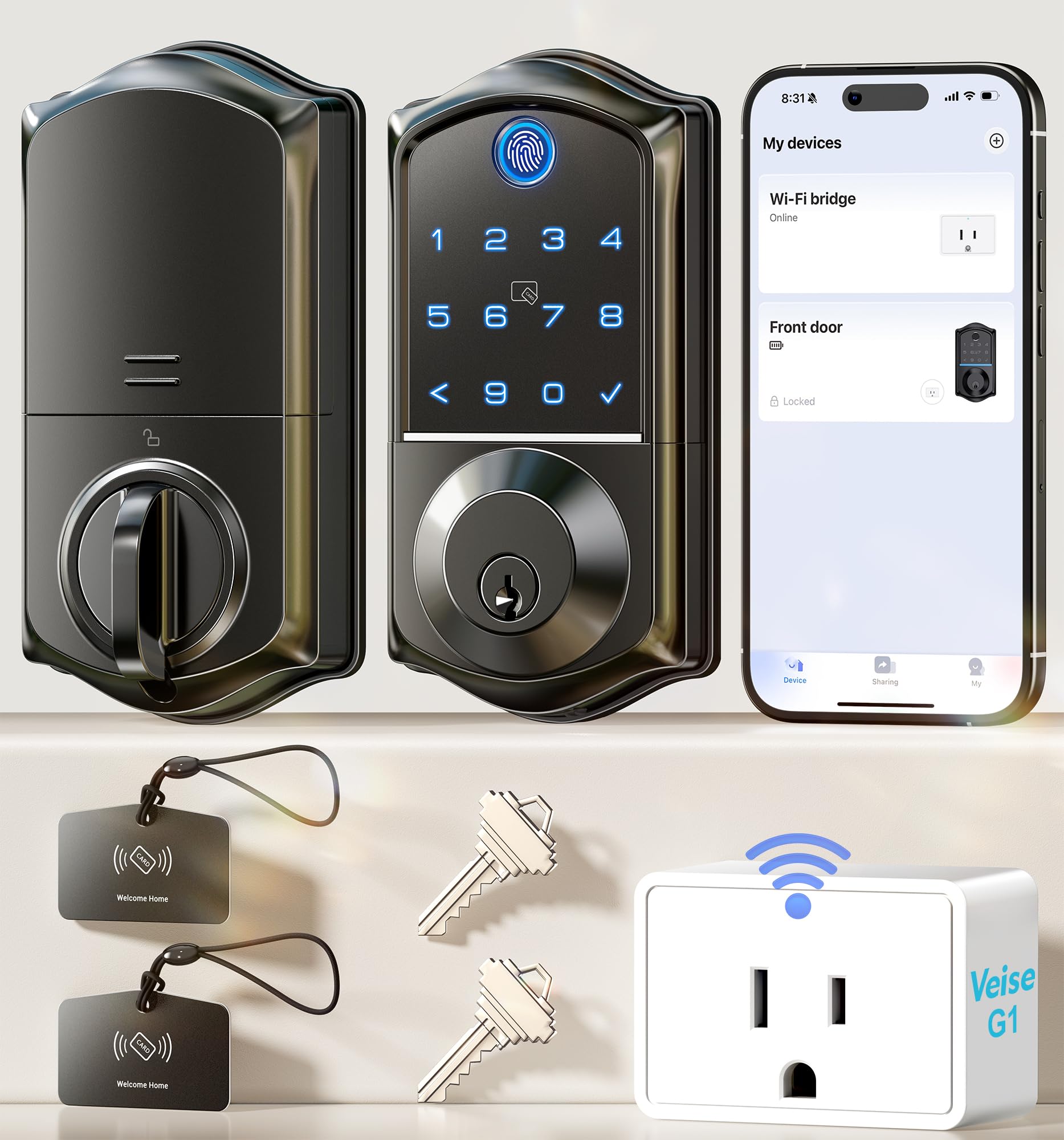 Veise Ve017G Wi-Fi Keyless Entry Door Lock With Fingerprint, Remote App Control, Smart Locks For Front Door, Electronic Keypad Deadbolt, Auto Locking, Waterproof, Easy To Install, Matte Black