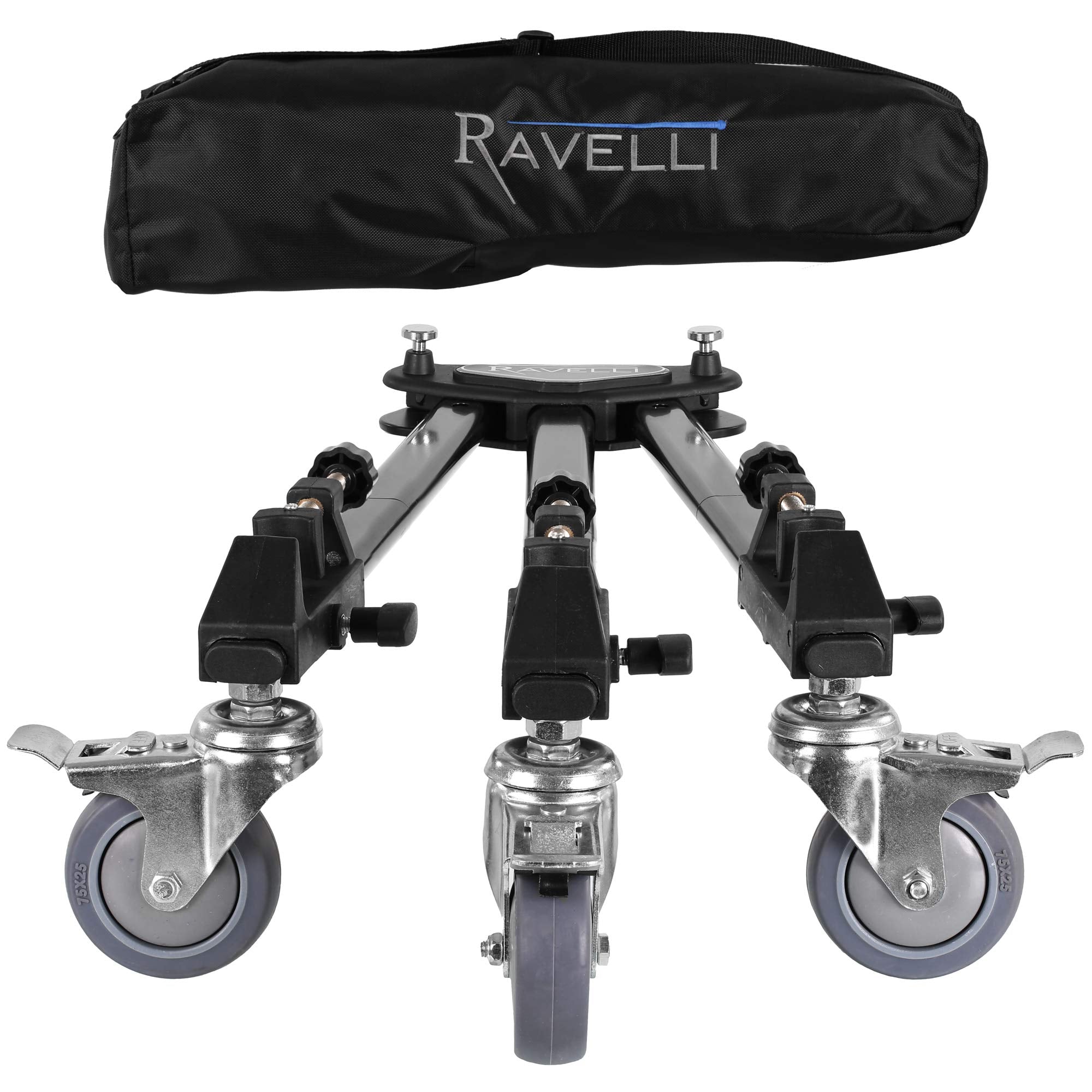 Ravelli Atd Heavy Duty Professional Photo Tripod Dolly With 3" Ball-Bearing Rubber Step-Lock Wheels Holds 45Lbs At 37" Spread With Two Section Solid Aluminum Bar Reinforced Non-Telescoping Leg Design