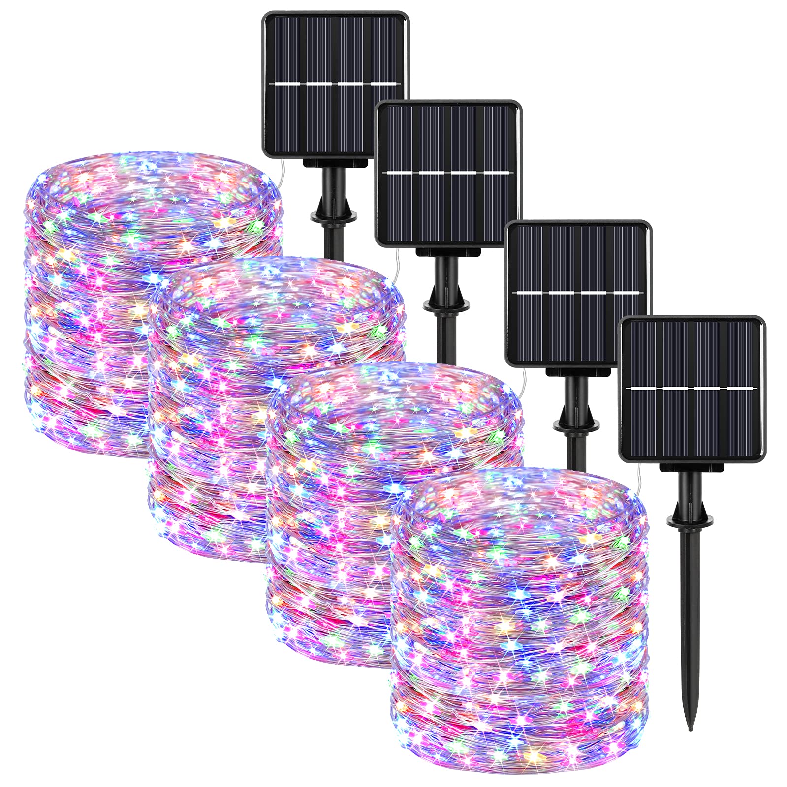 Beslowe Extra-Long 288Ft 800Led Solar Fairy String Lights, 4-Pack 72Ft 200 Led Outdoor Twinkle Lights Waterproof, 8 Lighting Modes, Multicolor Silver Wire Lights For Deck Backyard Tree Garden Fence Pool Party