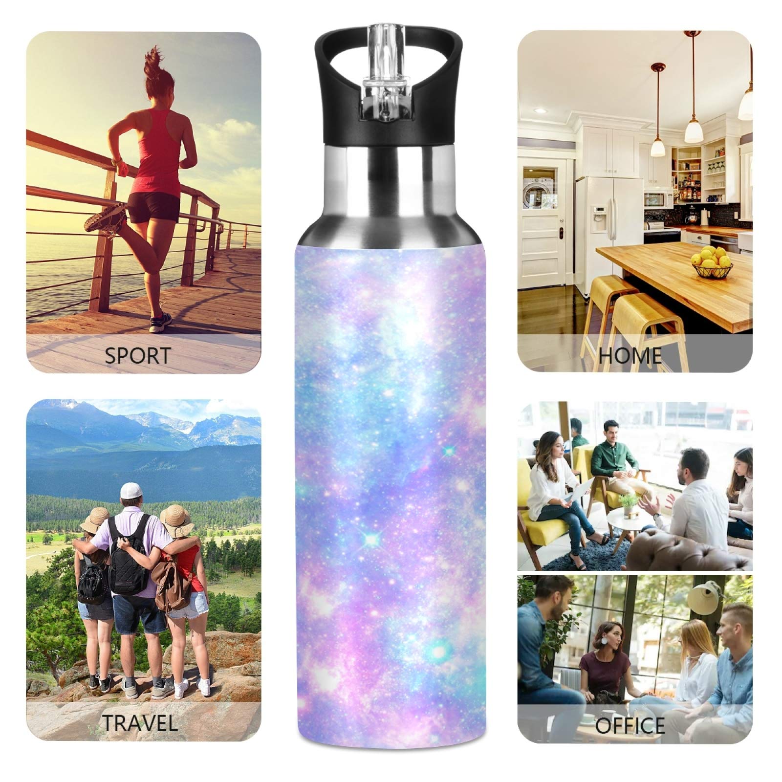 Galaxy Rainbow Star Tie Dye Sport Water Bottle With Straw, Vacuum Insulated Stainless Steel Thermal