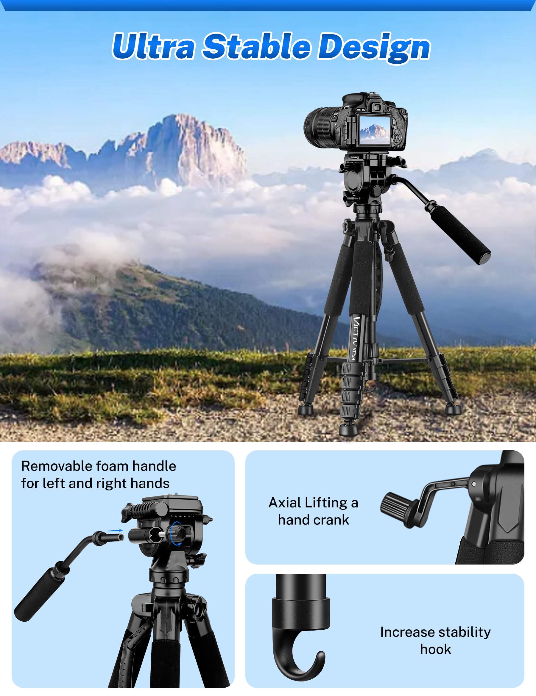 Victiv 75" Camera Tripod Stand, Heavy Duty & Ultra-Stable For Video Camera/Dslr/Cell Phone/Camcorder/Spotting Scopes, Professional Aluminum, Tall For Video Recording