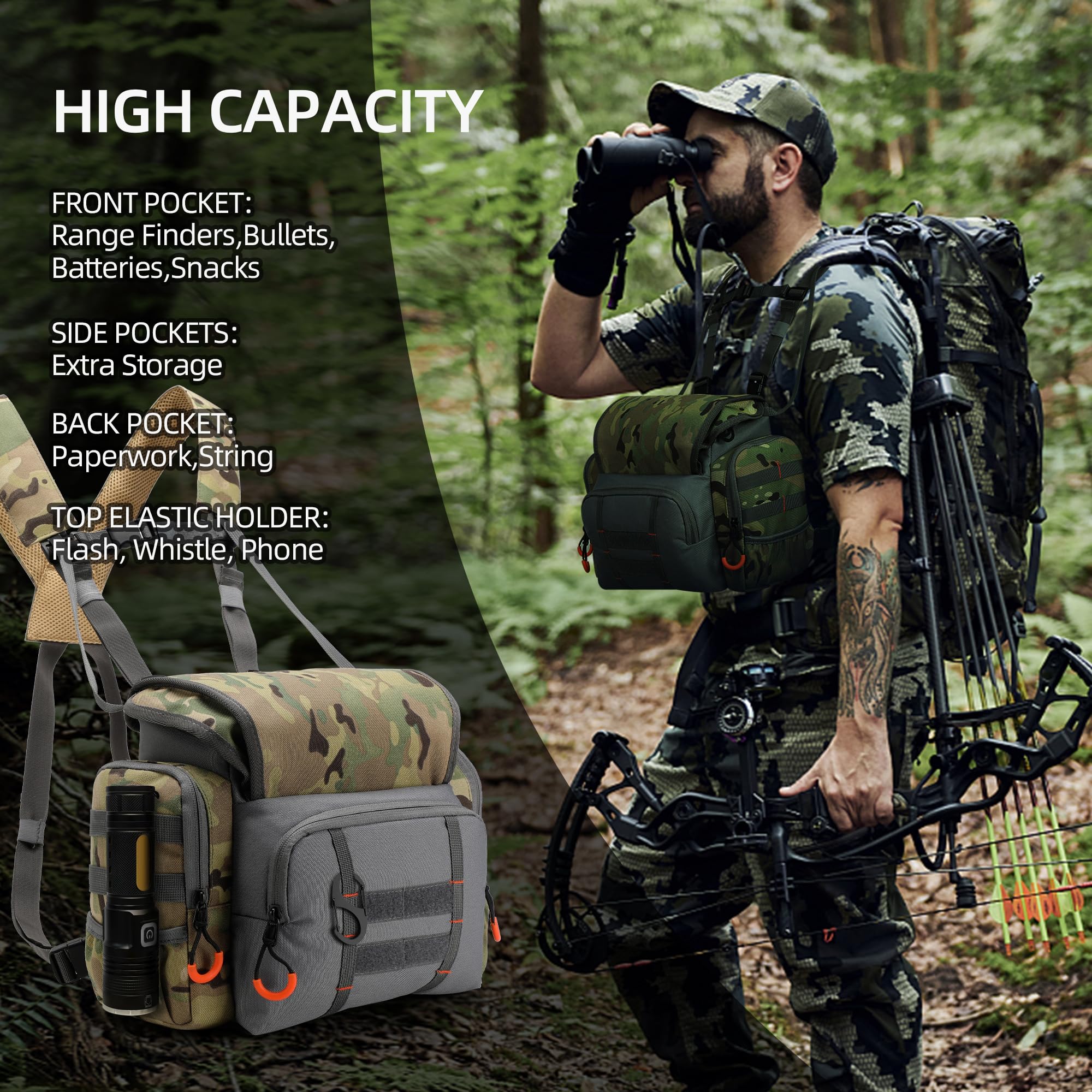Turnway Binocular Harness Chest Pack Large Capacity, Adjustable Bino Case With Rangefinder Pocket, Rain Cover For Hunting