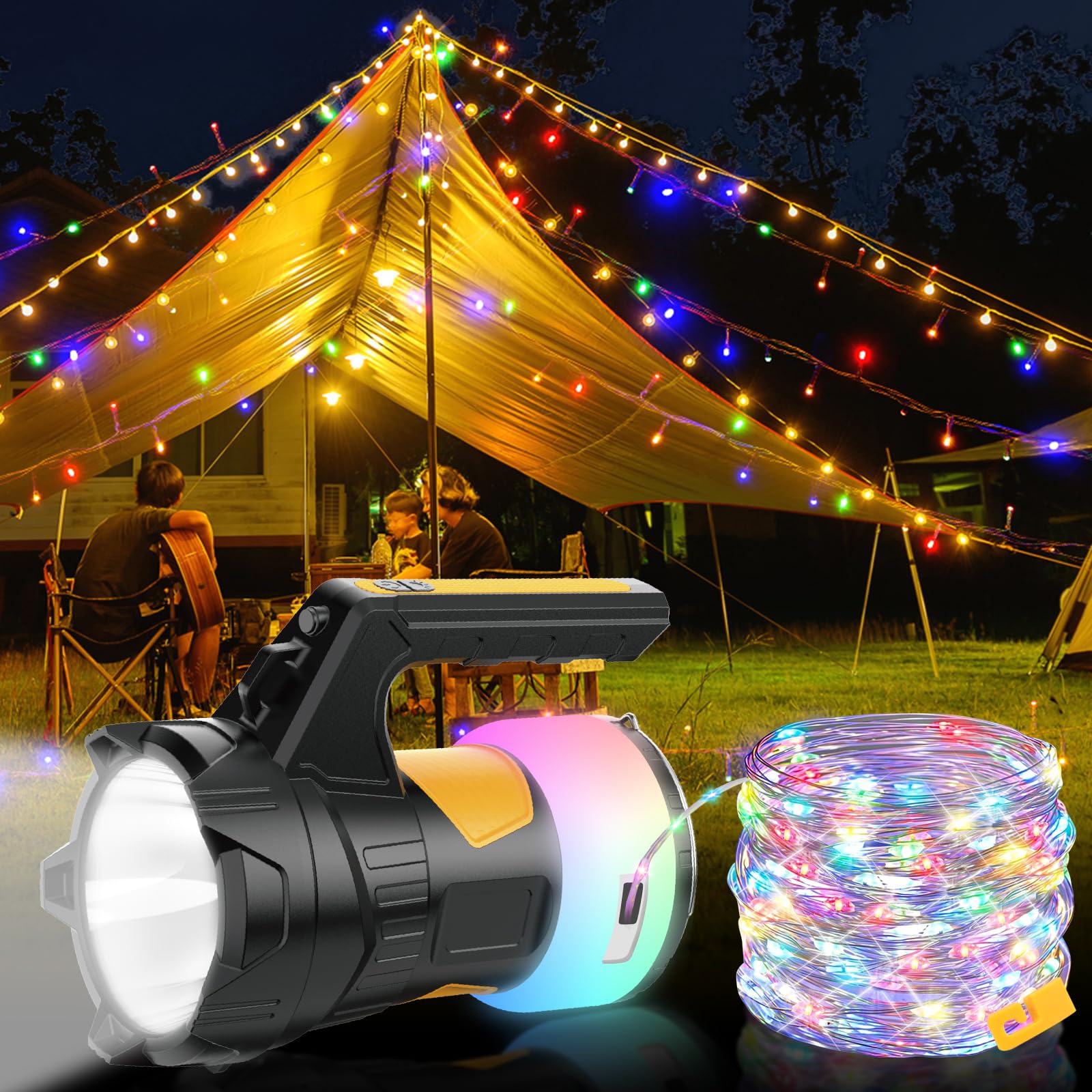 Zarrson Waterproof 49Ft Led Decorative String Light With Storage Box & 5H Runtime, Super Bright Flashlight (20H Spotlight) For Outdoor Patio, Camping, Garden Party Decoration
