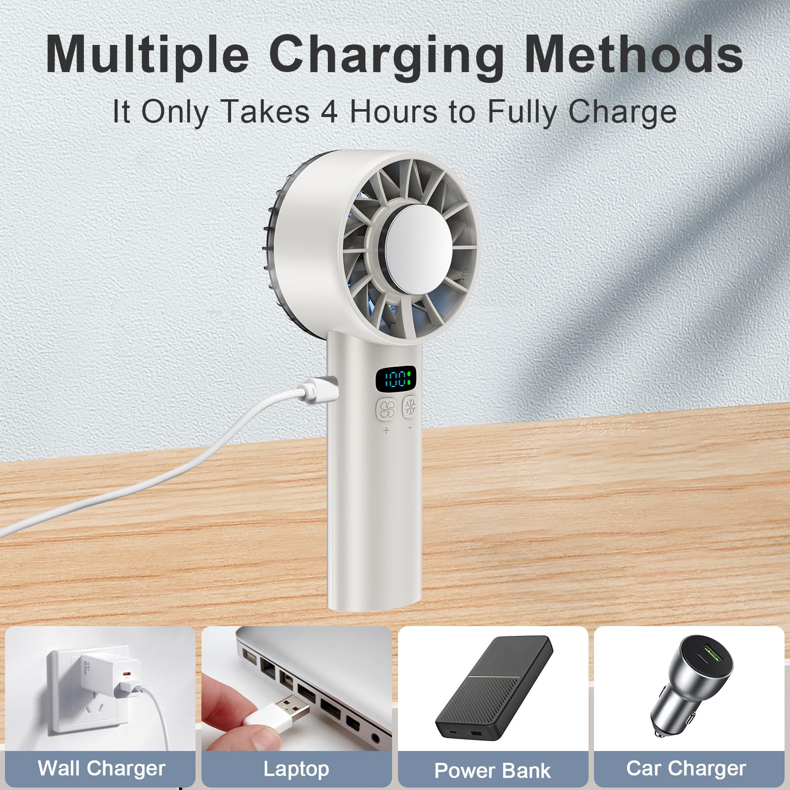 Portable Handheld Ice Fan, Digital Display, 5200Mah Rechargeable Battery, 100 Speed Mini Fan Blow