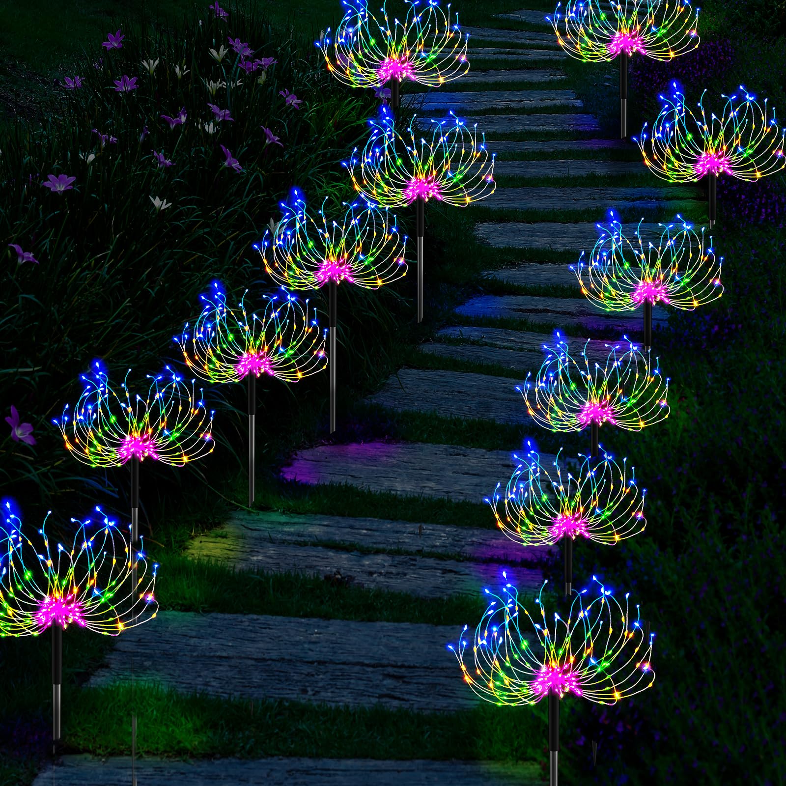 Pubsop 1 In 12 Pcs Solar Firework Lights, 1440 Led Solar Lights Outdoor Decorative, Garden Lights With Usb Charging, Remote, Colorful, Waterproof, 8 Lighting Modes Fairy Light