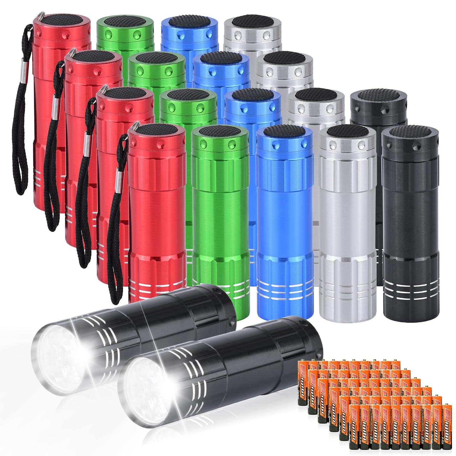 Yikosam 20 Pack Of Flashlights 9 Led Mini Aluminum Flashlight Bulk With Lanyard 60 Aaa Batteries Included Assorted Colors Handheld Flashlights For Hurricane Supplies Camping, Night Reading, Cycling